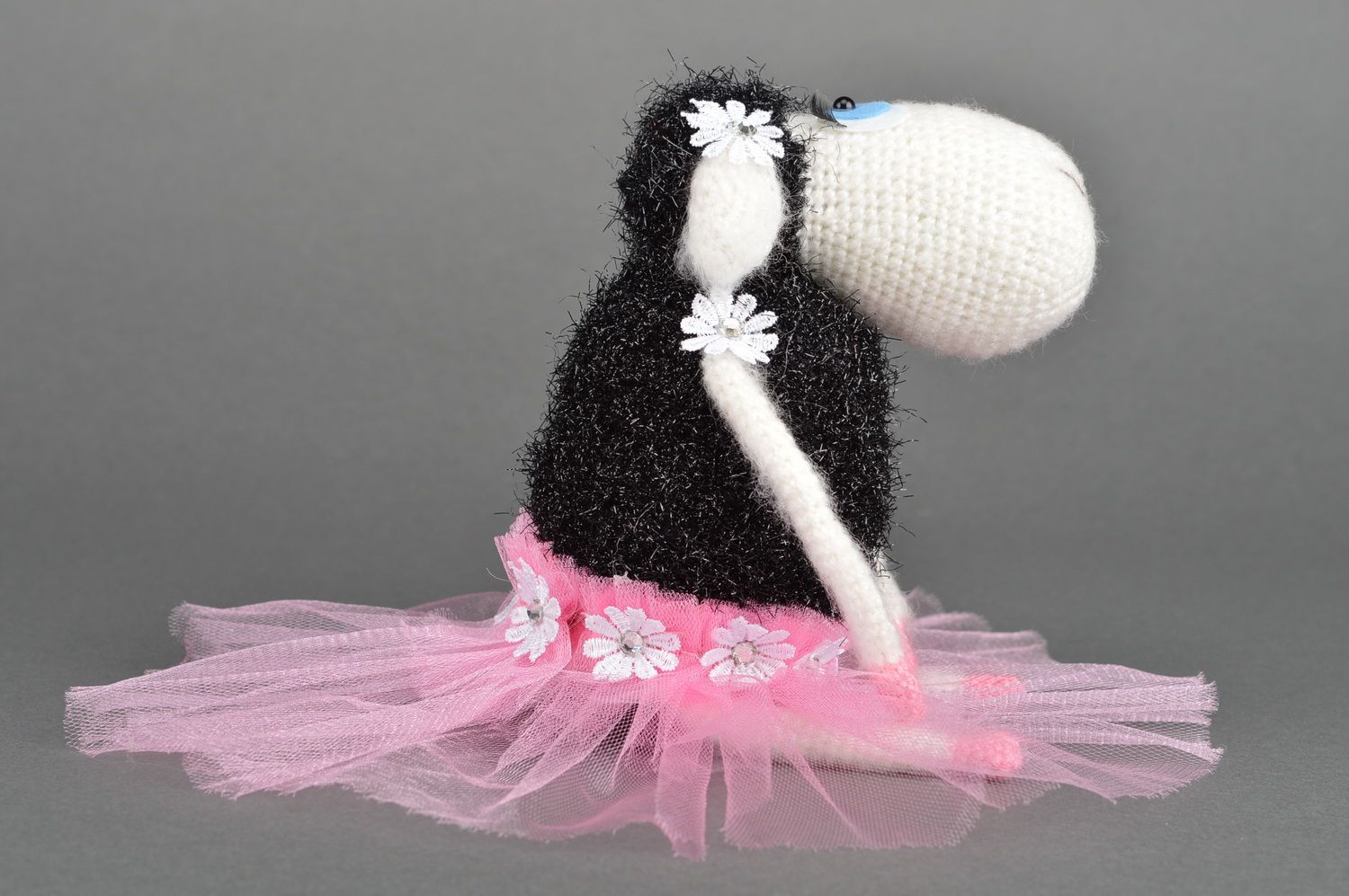 Handmade crocheted soft toy cute black and white lamb in pink tutu skirt photo 5