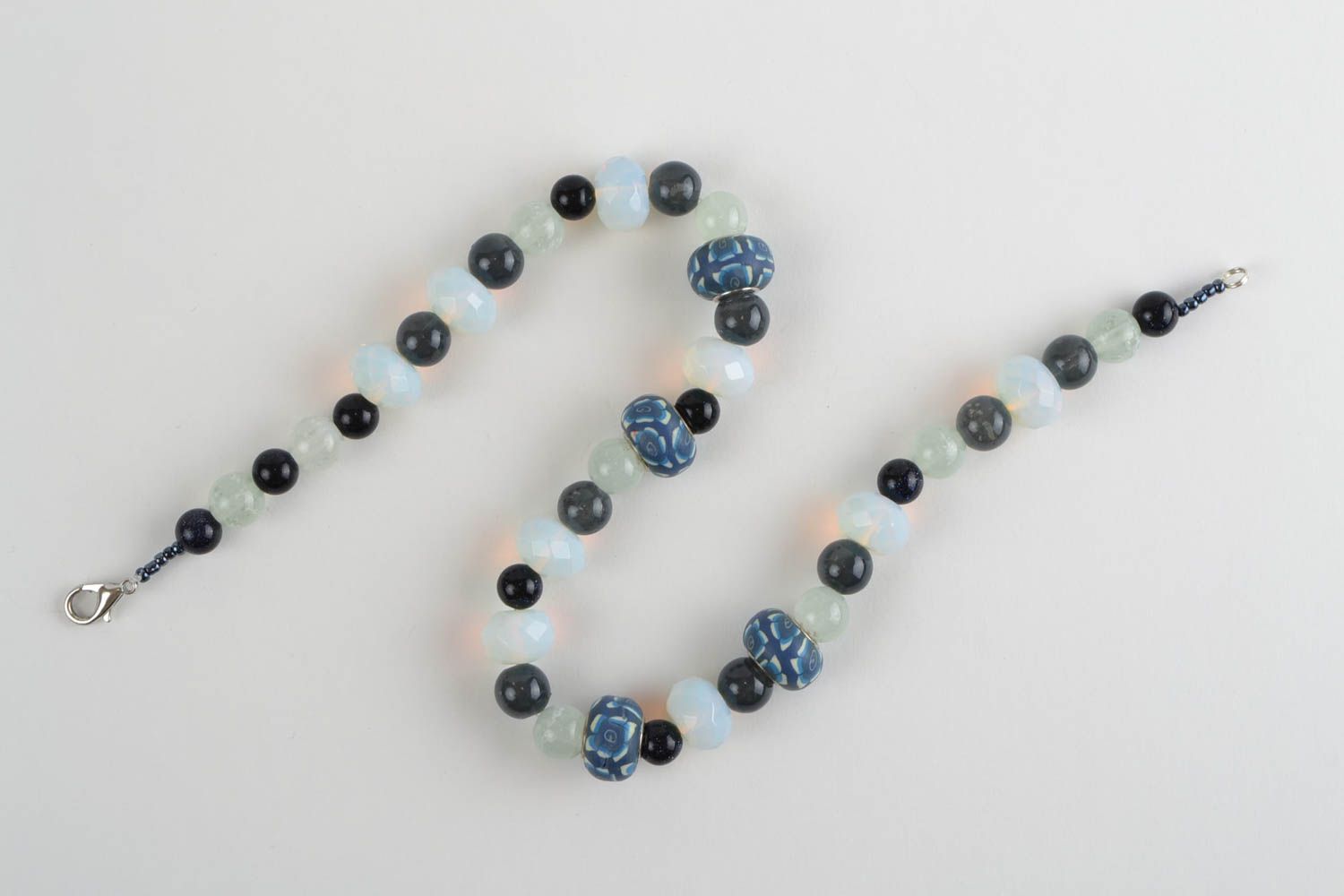 Beautiful blue handmade designer thin glass bead necklace with natural stone photo 3