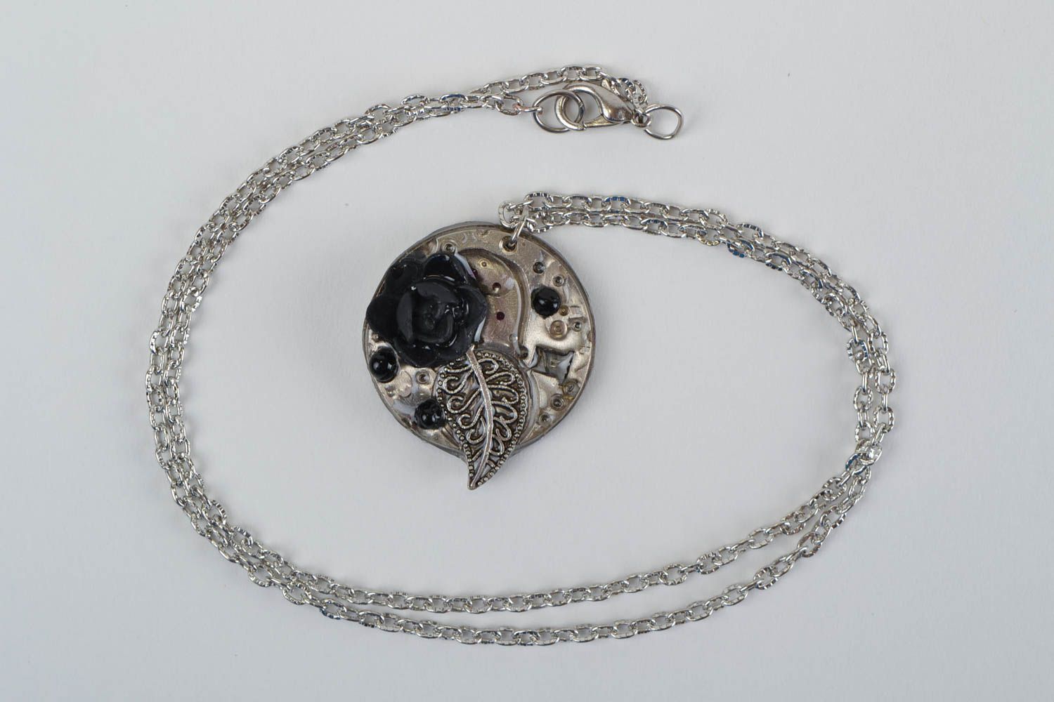 Unusual handmade designer round polymer clay neck pendant in steampunk style photo 2