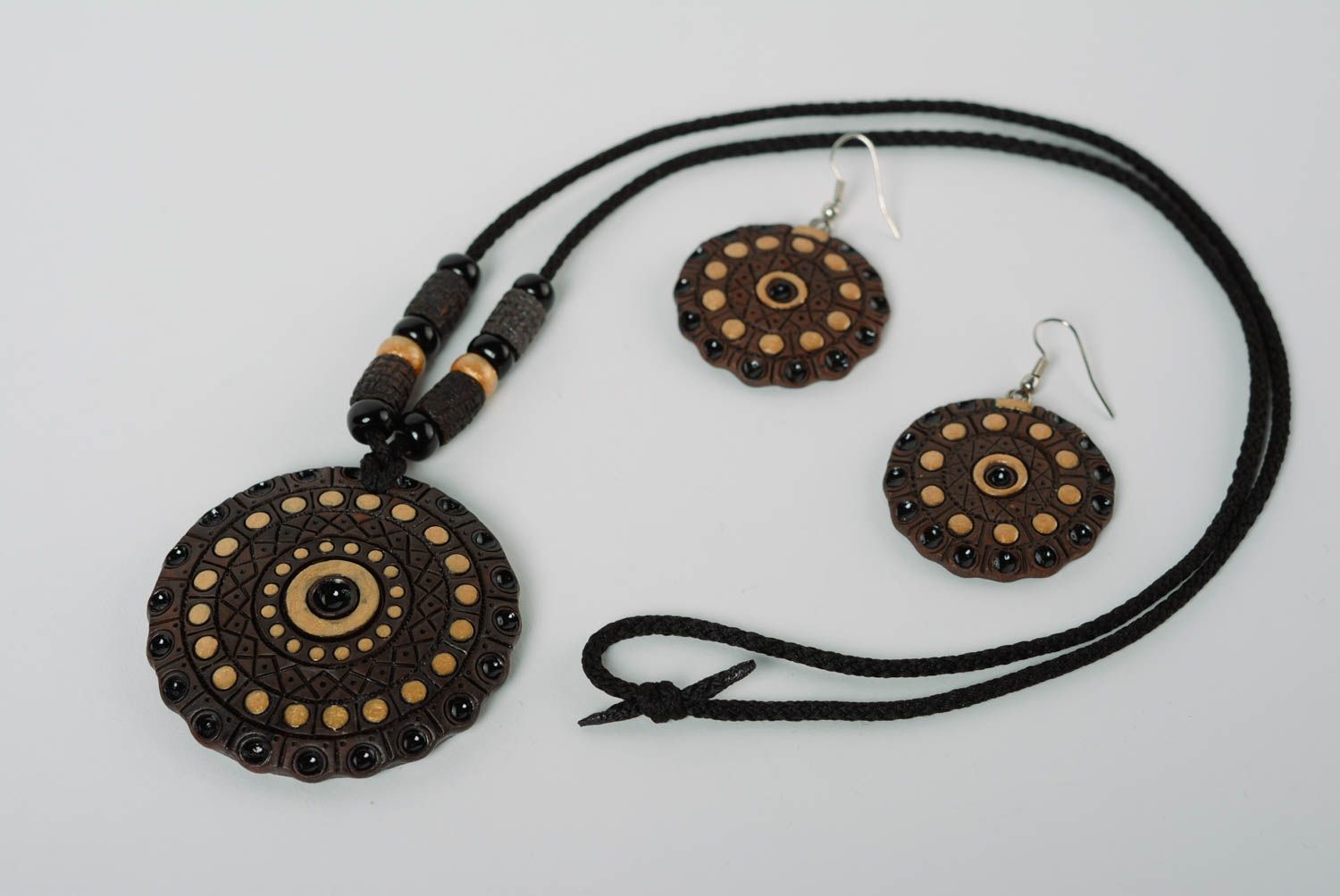 Handmade set of designer jewelry made of clay stylish pendant and earrings photo 1