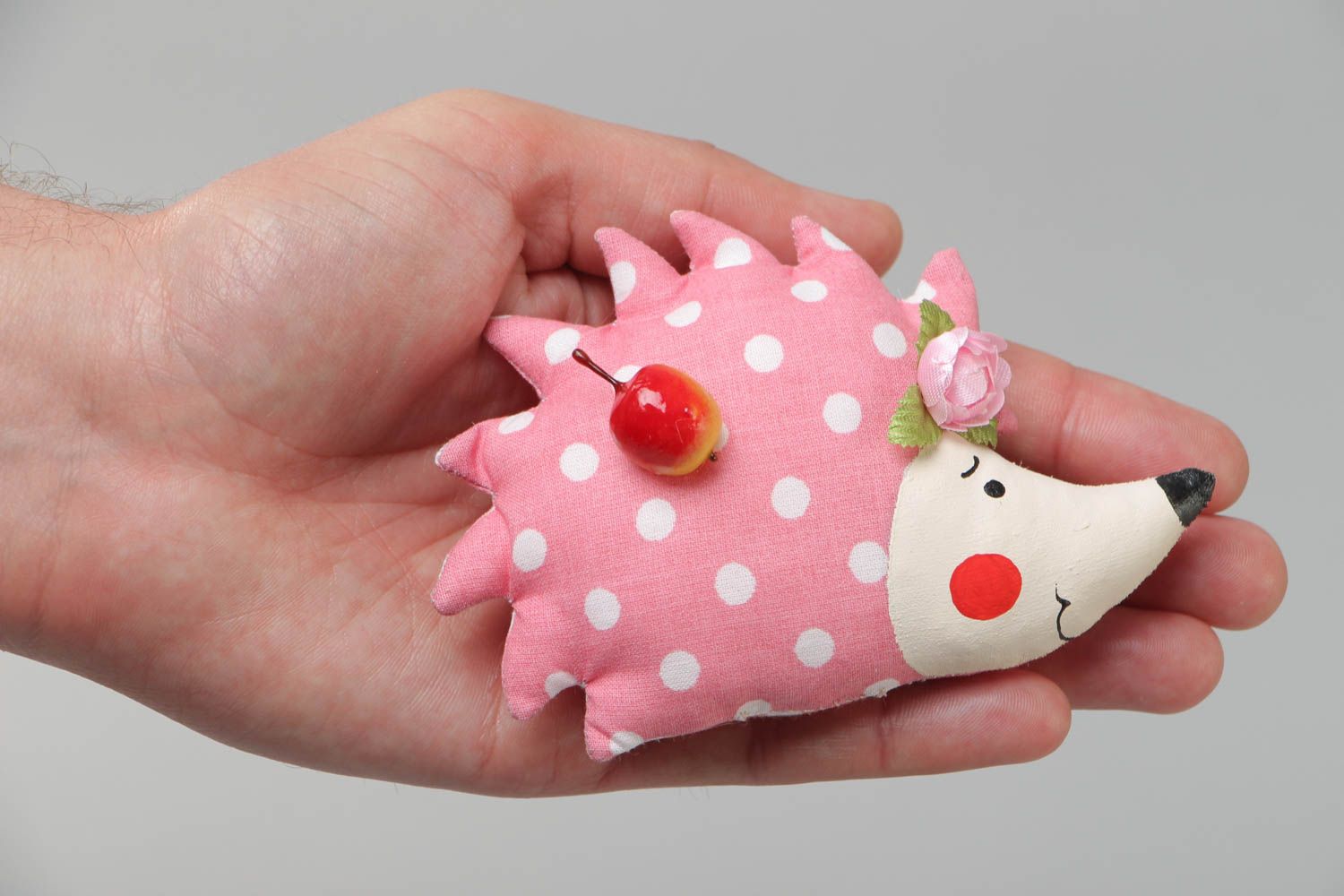 Handmade fridge magnet soft toy sewn of polka dot pink cotton fabric Hedgehog photo 5