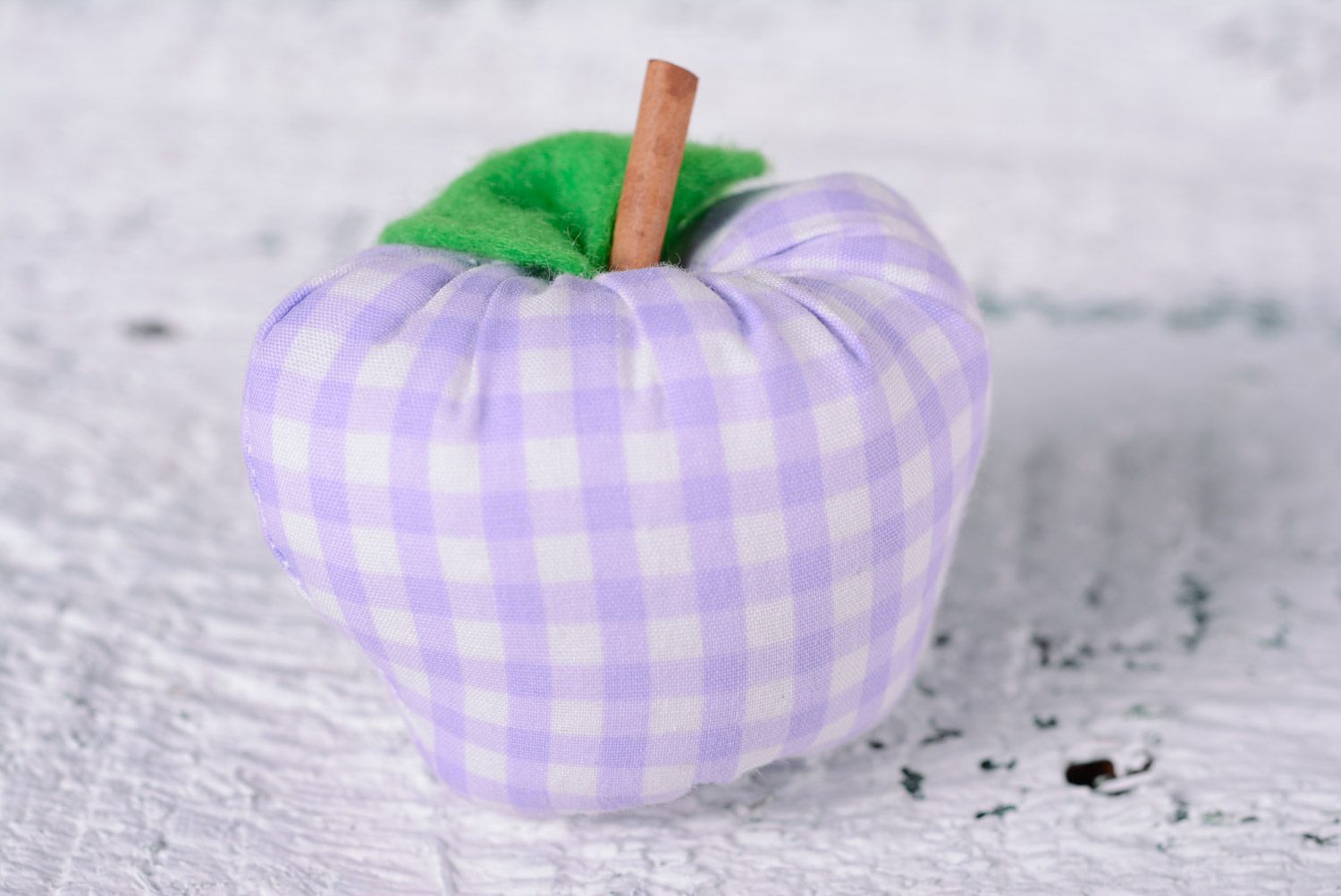 Handmade small interior soft toy apple sewn of checkered fabric with felt leaf photo 1
