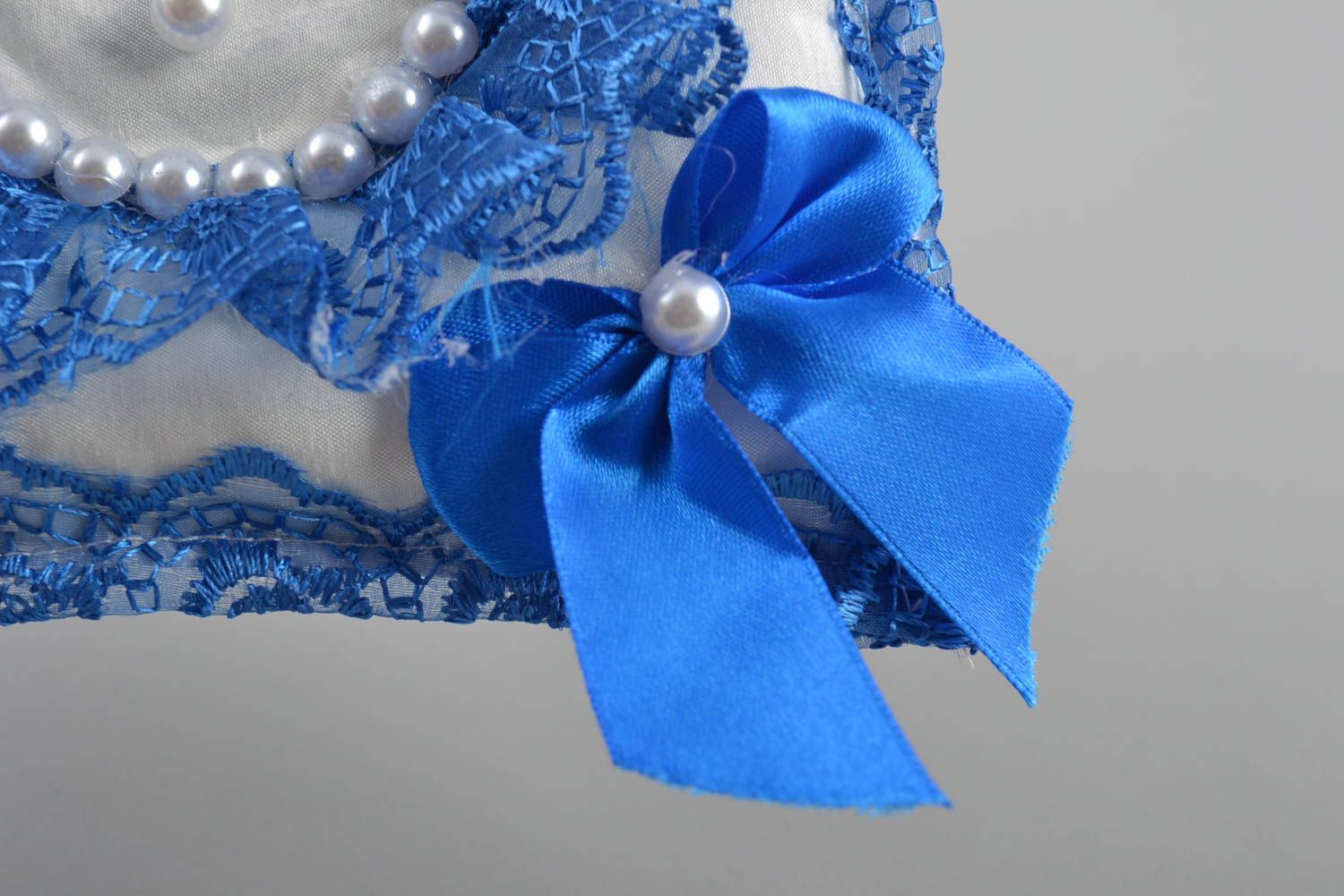 Unusual beautiful homemade white wedding ring pillow with beads and blue lace photo 2