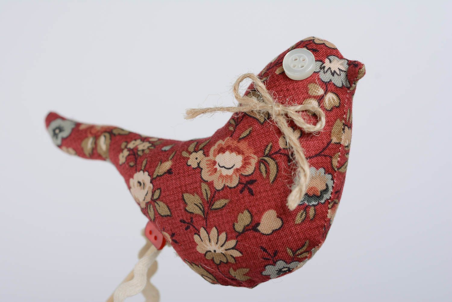 Fabric bird on stick for soil of flowerpots burgundy handmade interior accessory photo 2