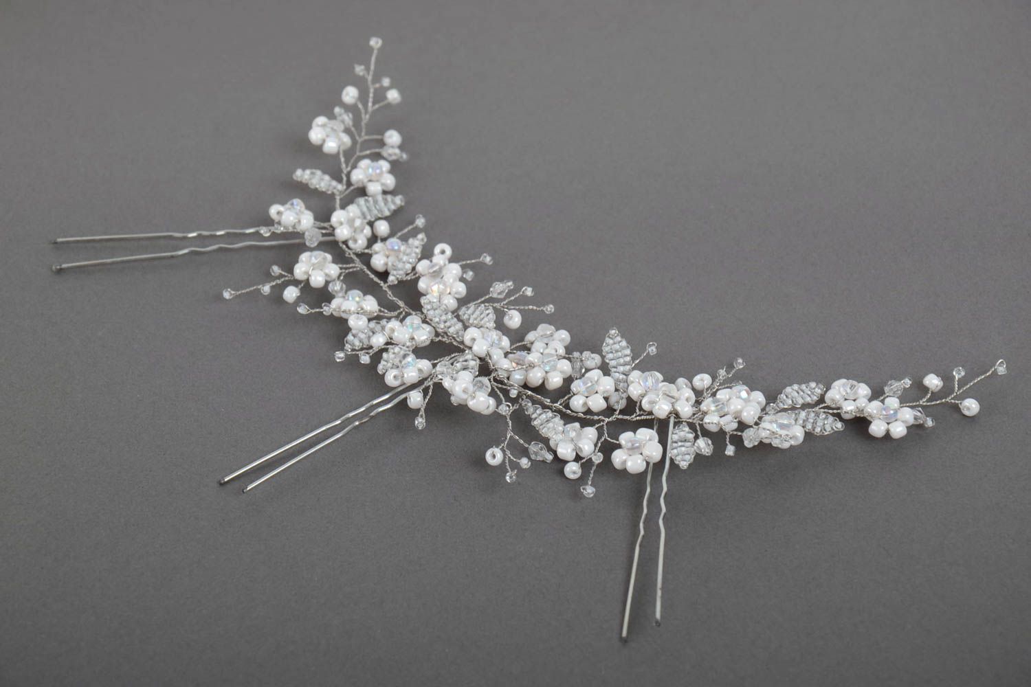 Handmade designer hair accessory with white beaded flowers with hair pins photo 4