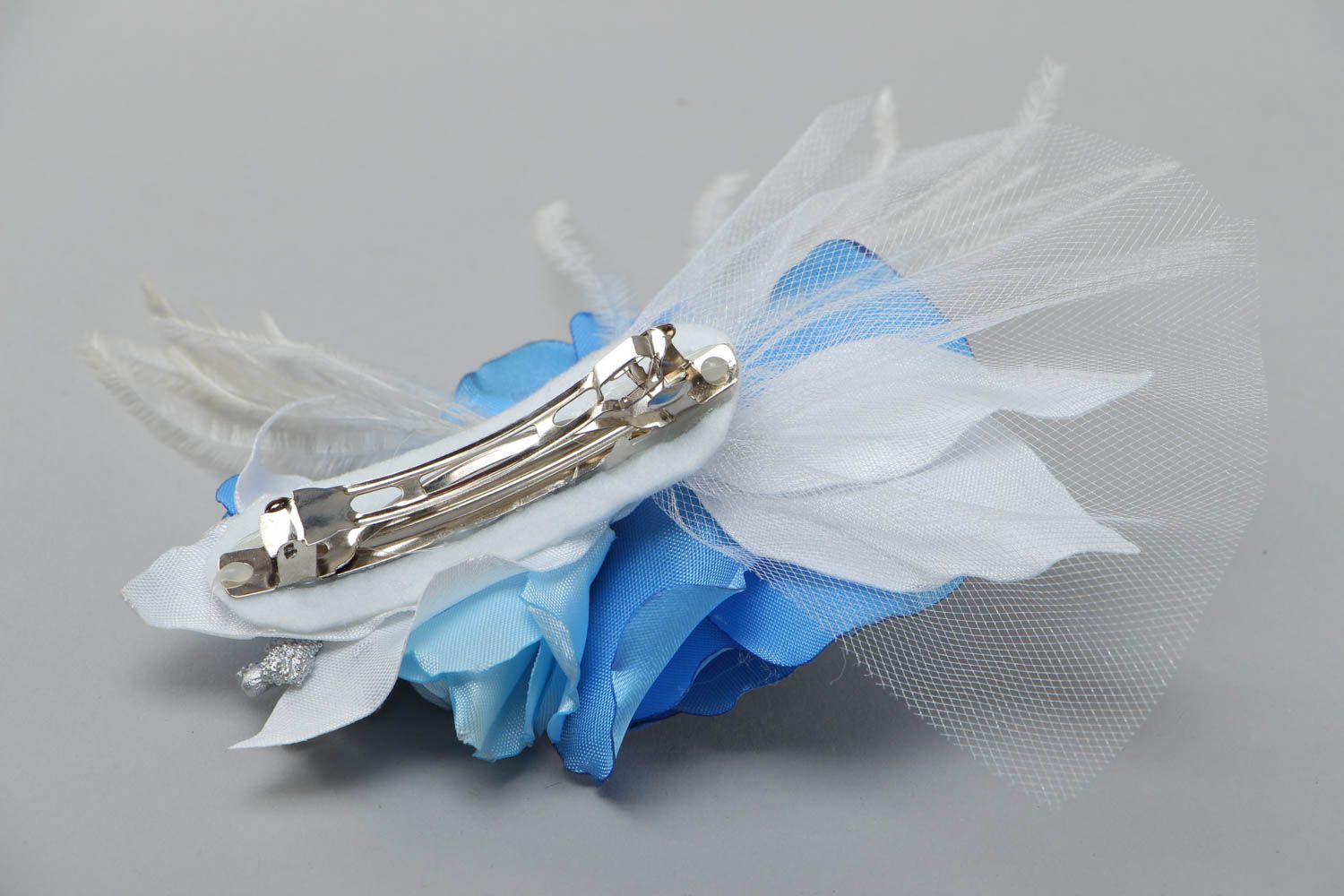 Handmade decorative hair clip with large volume bright blue satin flower photo 4