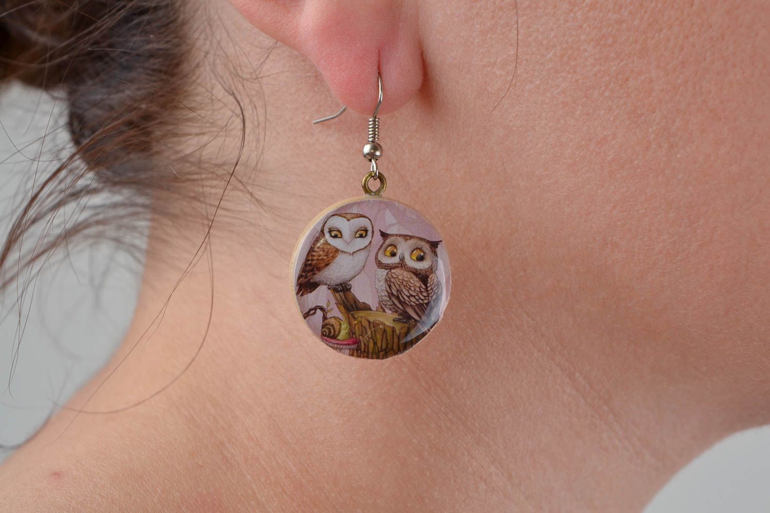 Beautiful handmade round polymer clay earrings with decoupage owls photo 2