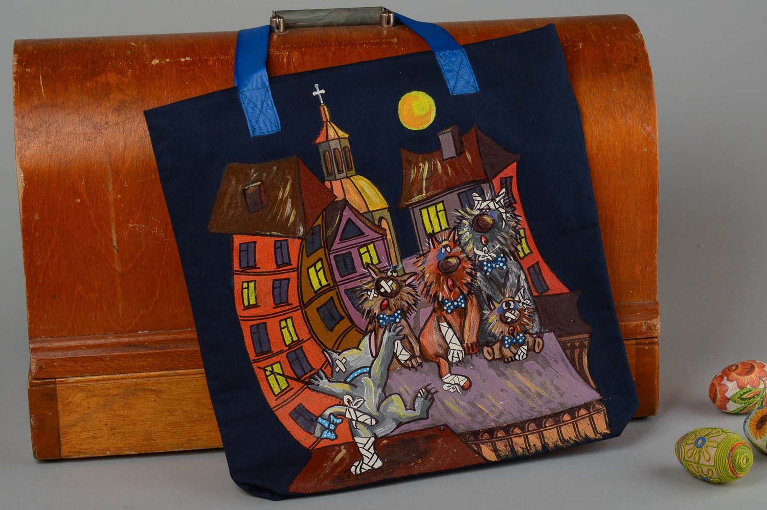 Сумка ручной работы сумка с рисунком ночных котов и города женская сумка фото 1