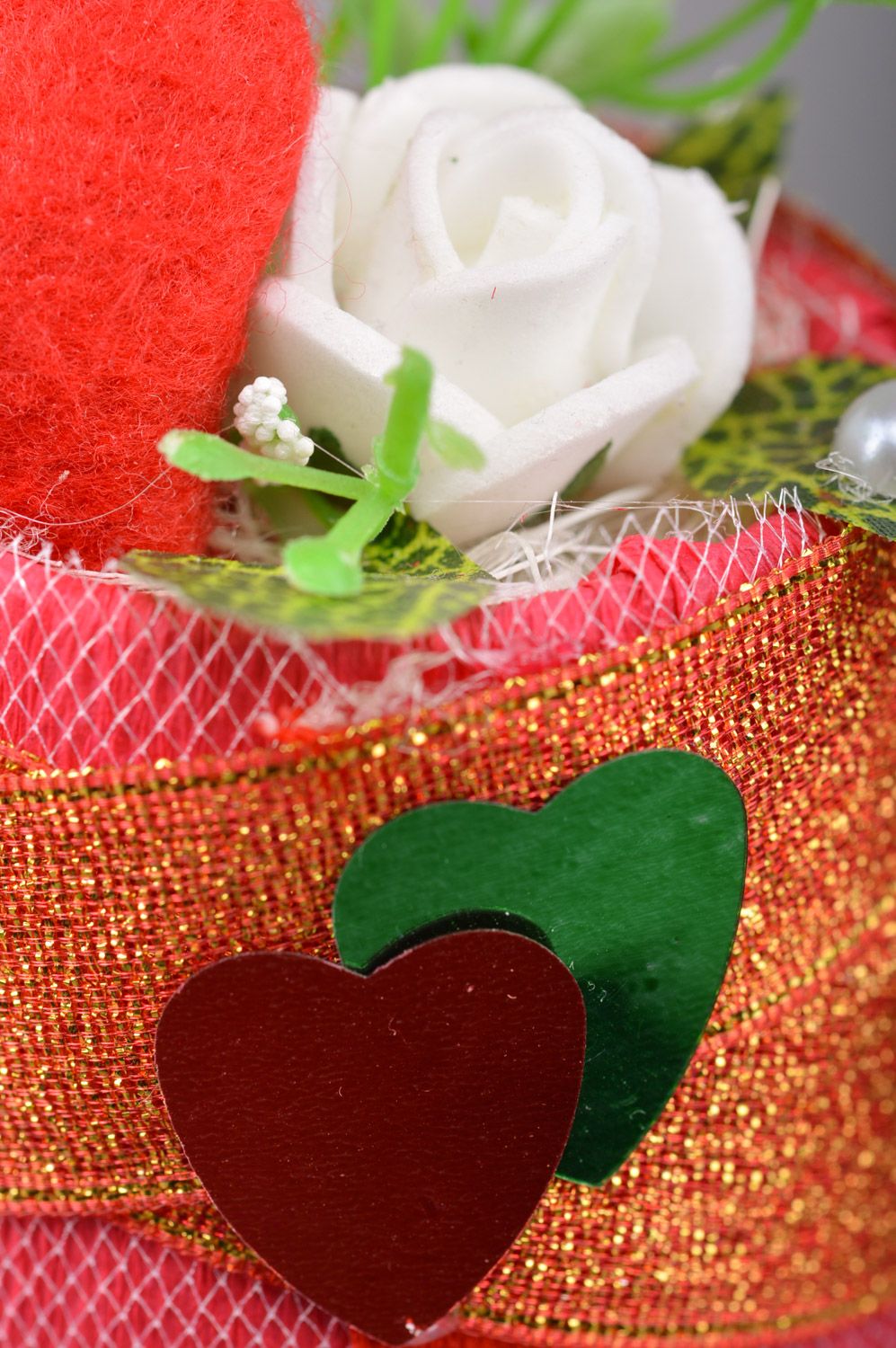 Handmade red heart-shaped happiness tree with tulle and beads for interior decor photo 4