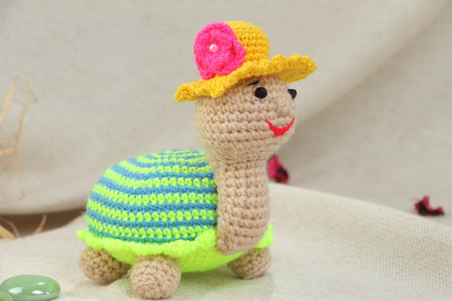 Small handmade soft toy turtle crochet of cotton and acrylic threads photo 1
