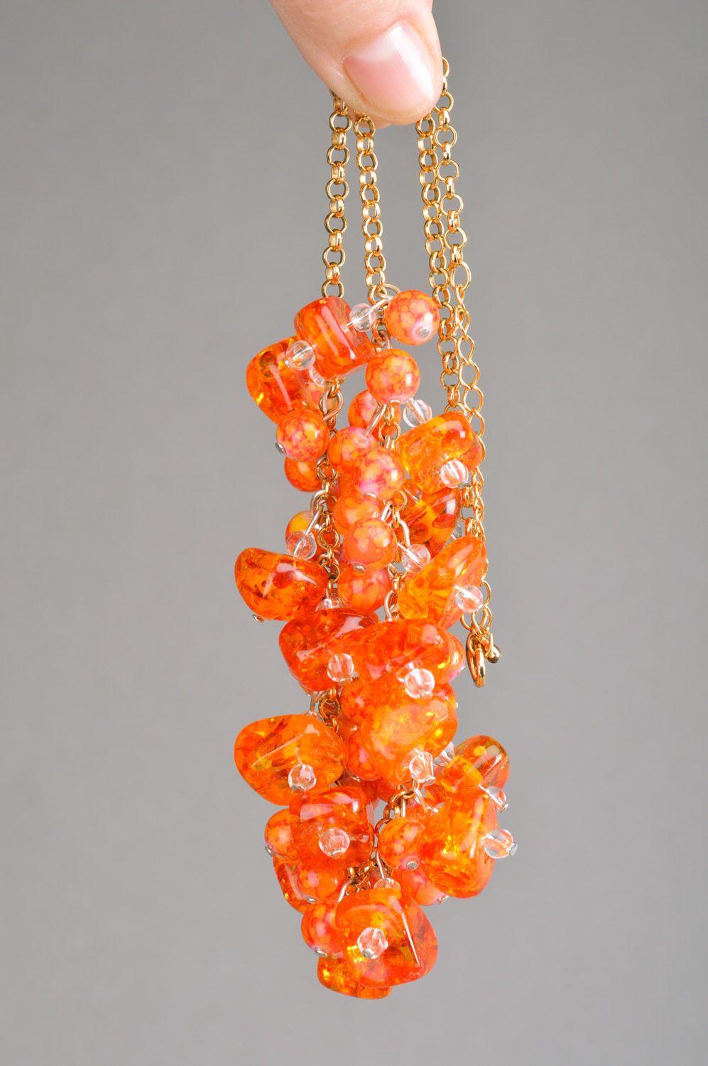 Handmade orange ceramic and citrine bead necklace with long chain photo 3