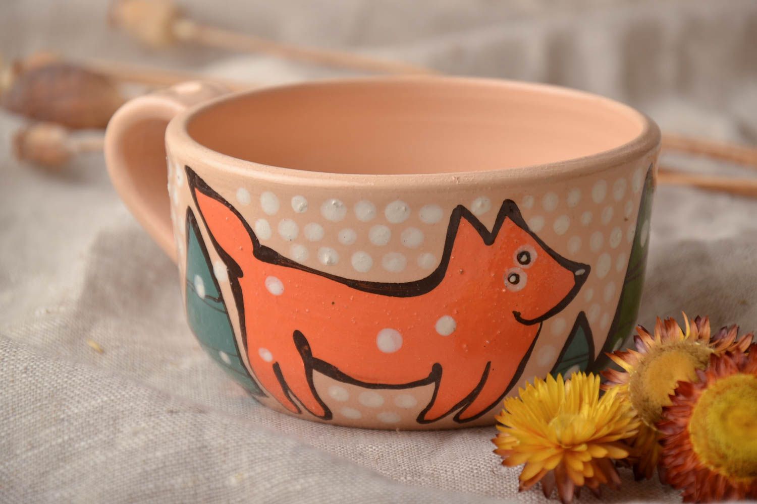 Handmade 5 oz ceramic flat coffee cup with fox photo 1