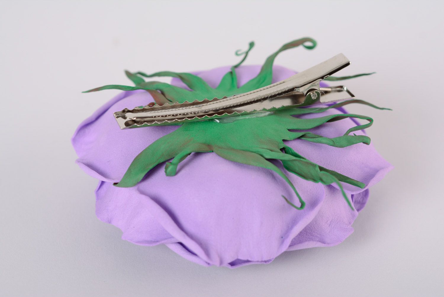 Festive volume handmade foamiran fabric flower hair clip of lilac color photo 4