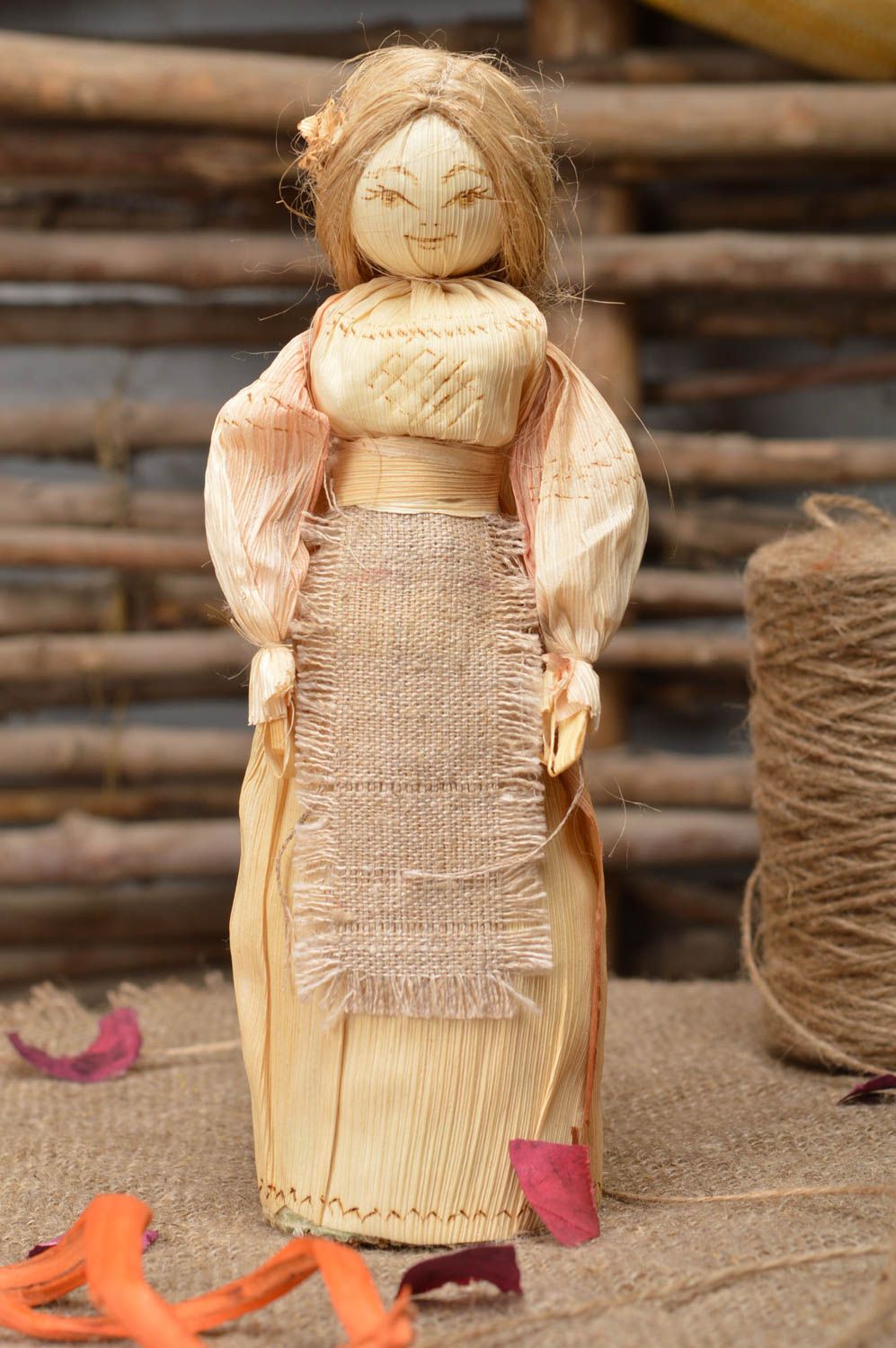 Unusual handmade interior doll woven of corn leaves in ethnic style home charm photo 1
