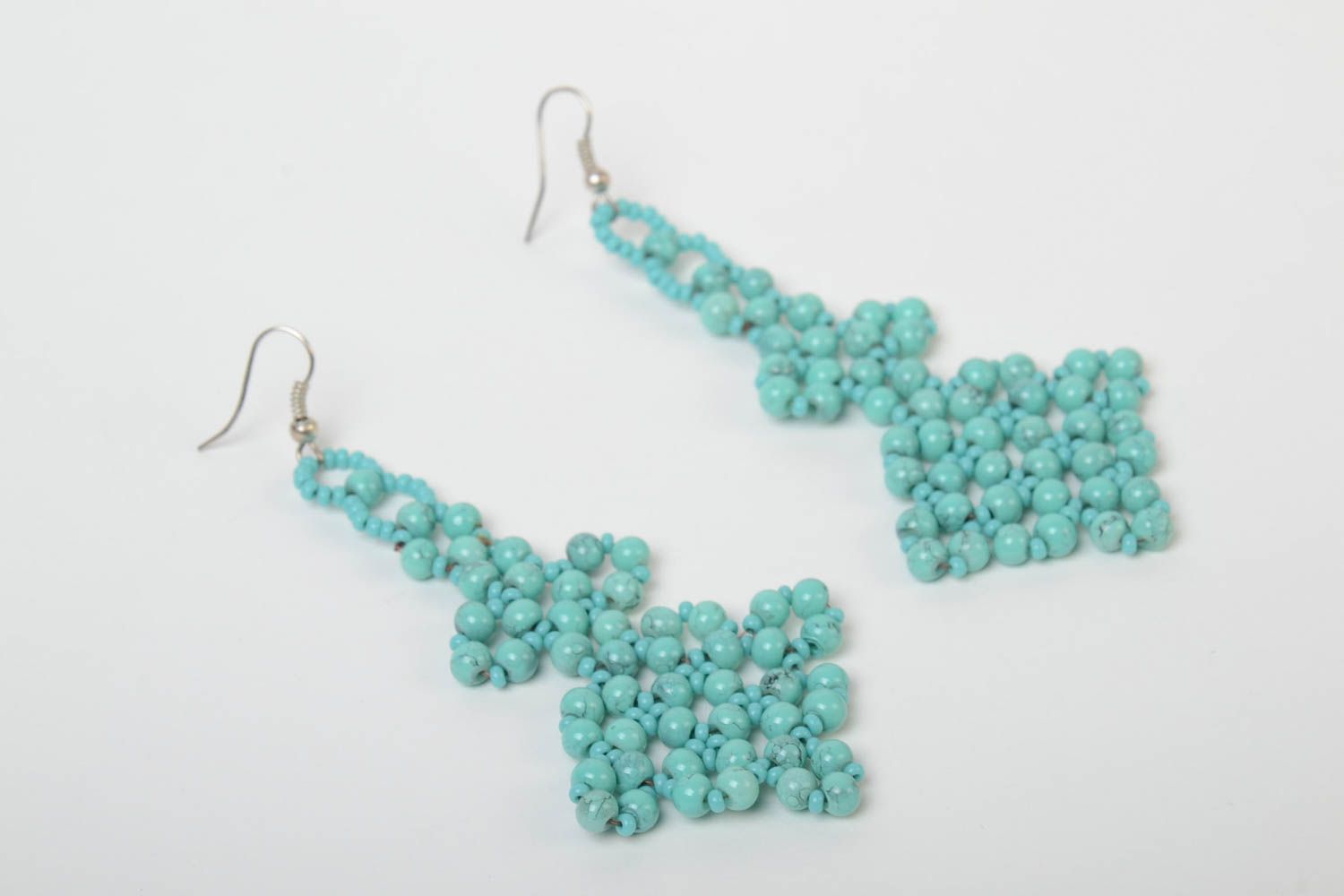 Boucles d'oreilles en perles de rocaille longues turquoises faites main photo 2