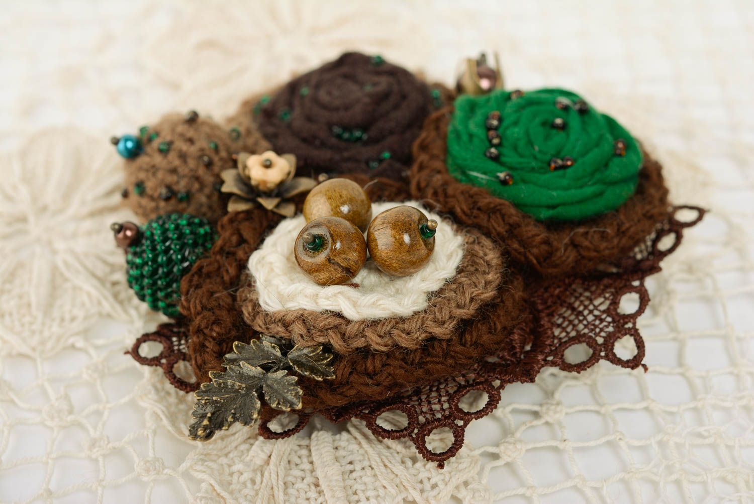 Handmade designer crochet brooch in brown and green colors with wooden beads photo 1