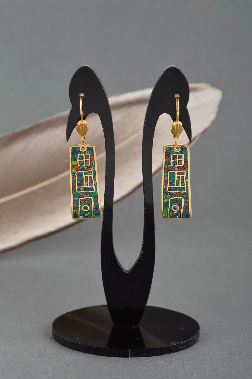 Handmade brass long earrings natural stone accessory elegant jewelry gift photo 1