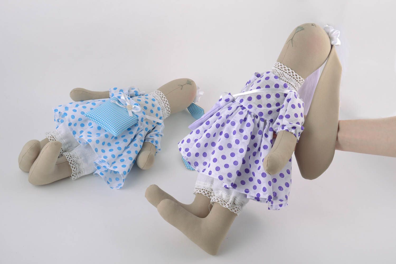 Set of 2 handmade natural fabric soft toys rabbits girls in polka dot dresses photo 2