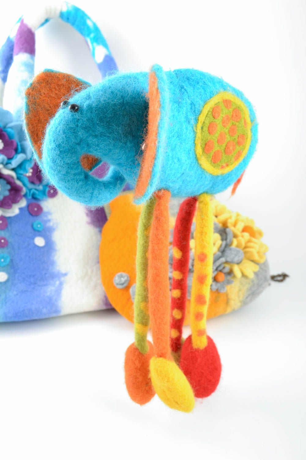 Beautiful handmade blue felted wool toy elephant for children and home photo 1