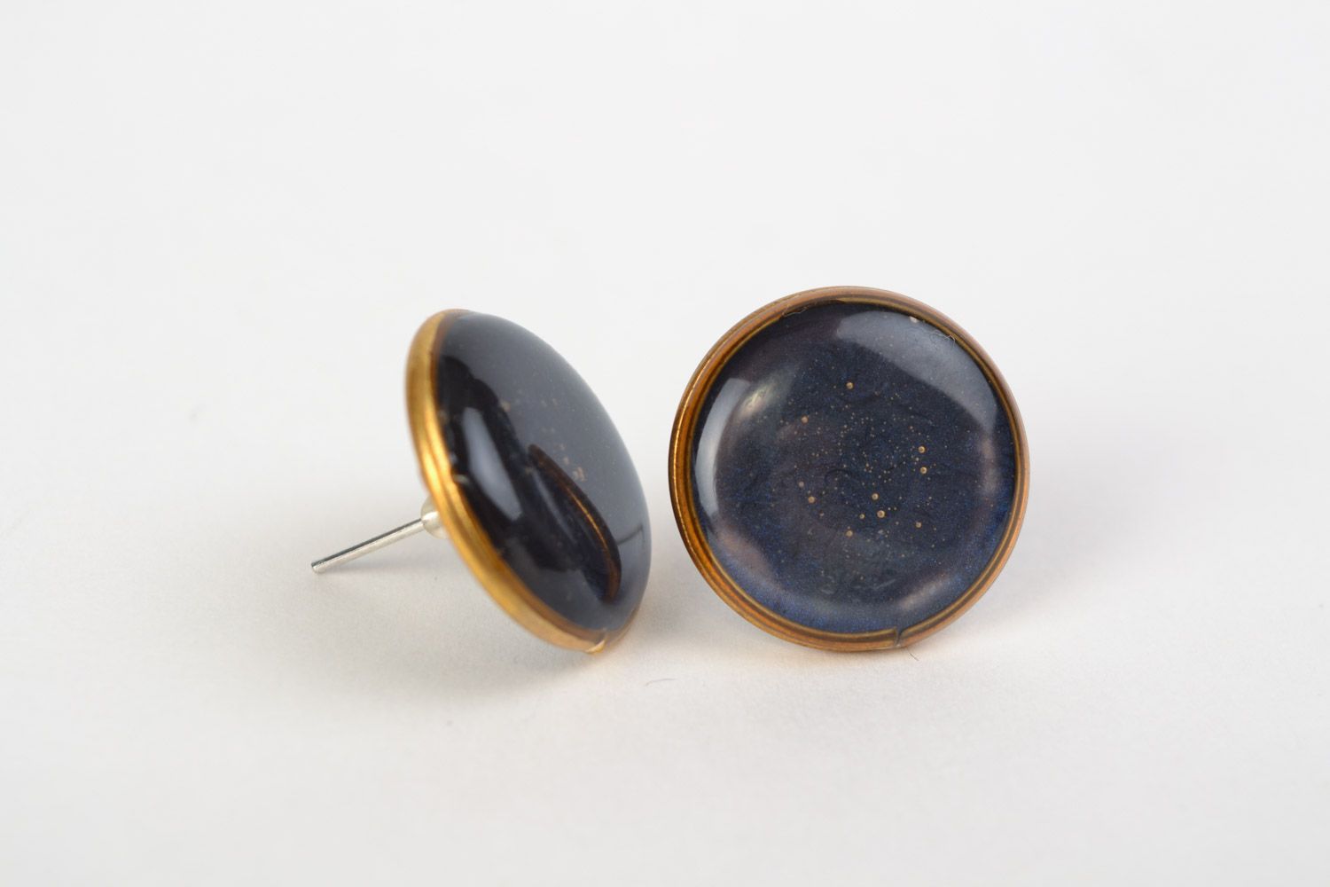 Handmade small stud earrings with jewelry glaze of dark blue color for women photo 1