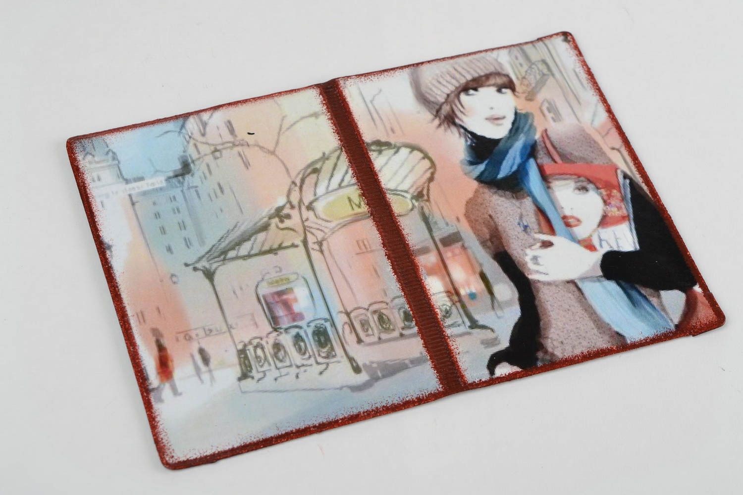 Grelle künstlerische handgemachte Decoupage Passhülle aus Kunstleder junge Frau foto 3