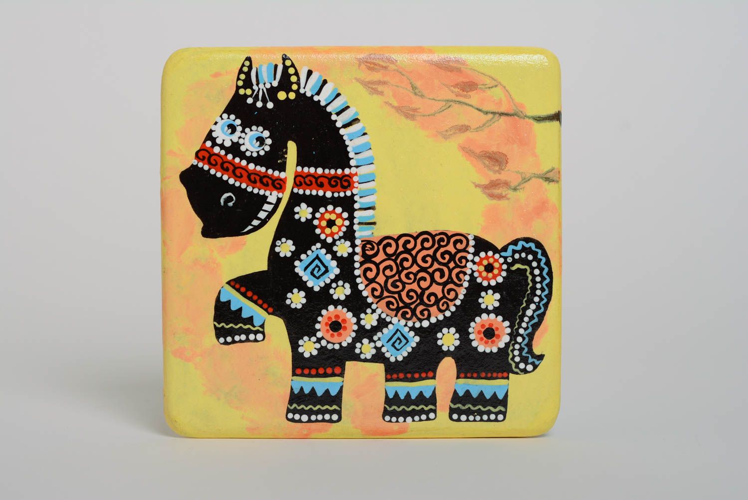 Handmade acrylic painting with black ornamented horse on wood fiberboard basis photo 1