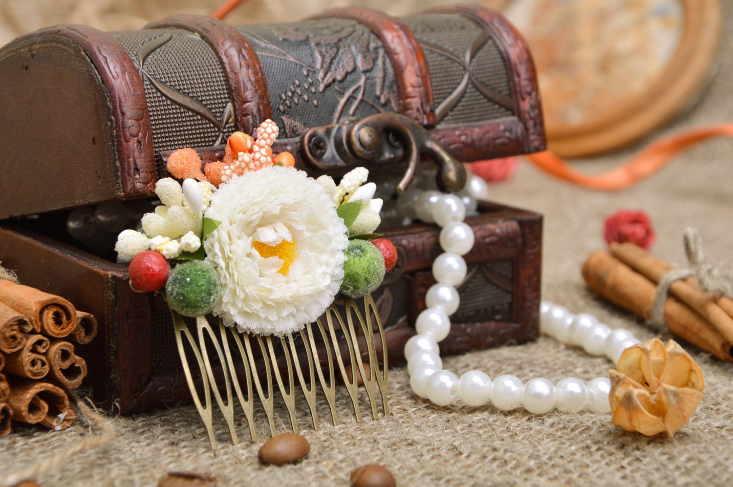 Handmade decorative metal hair comb with artificial flowers and berries Chamomile photo 1