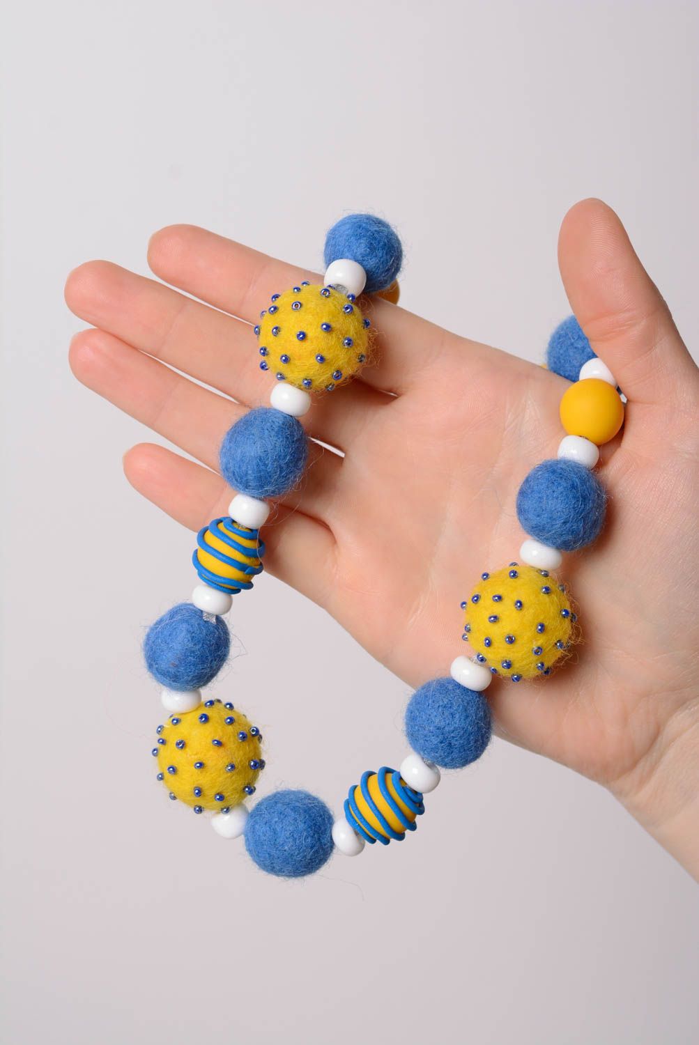 Handmade bright women's felted wool bead necklace with polymer clay elements photo 4