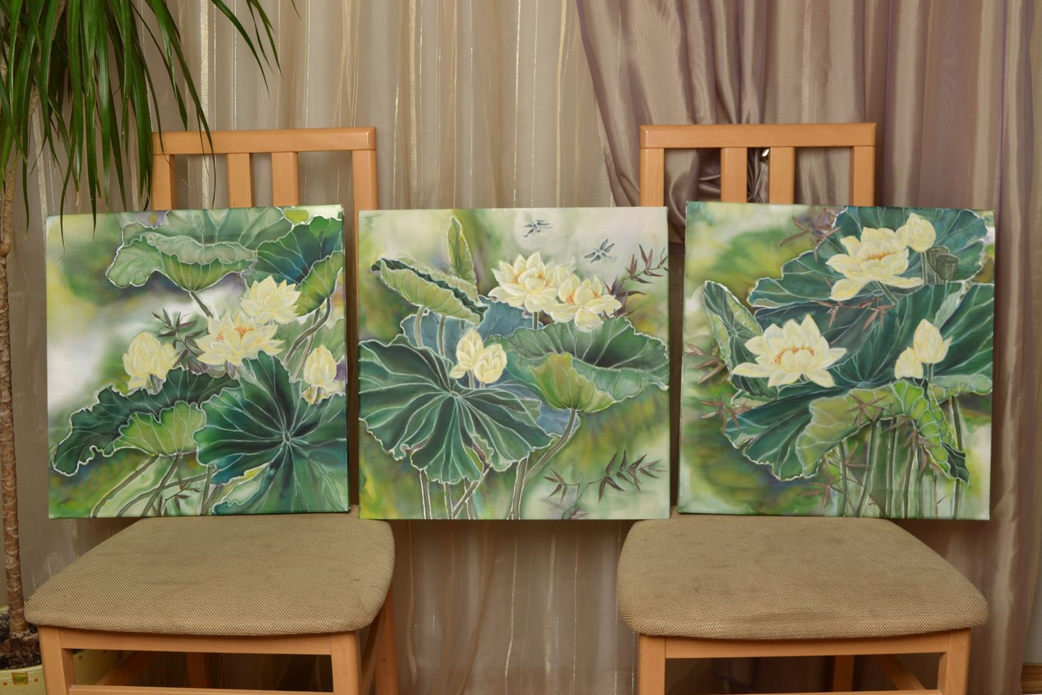 Triptych acrylic wall painting Lotuses photo 1