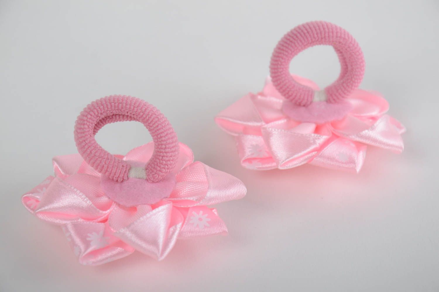 Set of handmade designer pink satin ribbon flower hair ties 2 pieces kanzashi photo 3