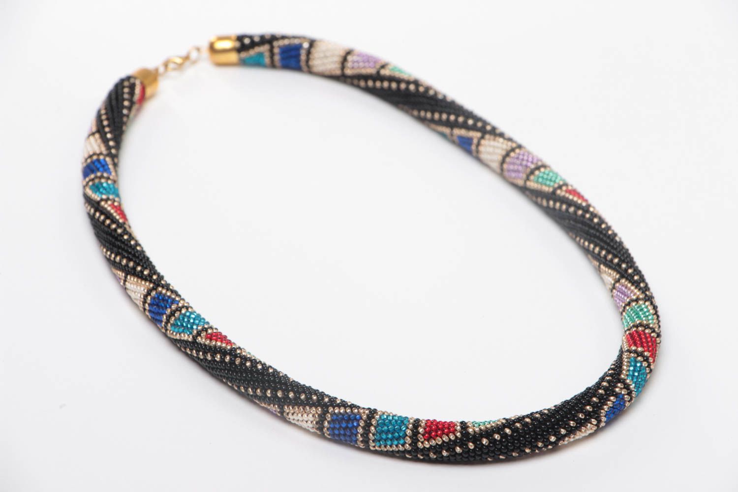 Handmade long designer dark beaded cord necklace with interesting ornament photo 3