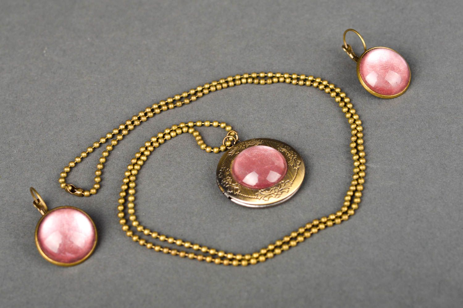 Schmuck Set handmade Mode Accessoires Halskette mit Anhänger Damen Ohrringe rosa foto 4