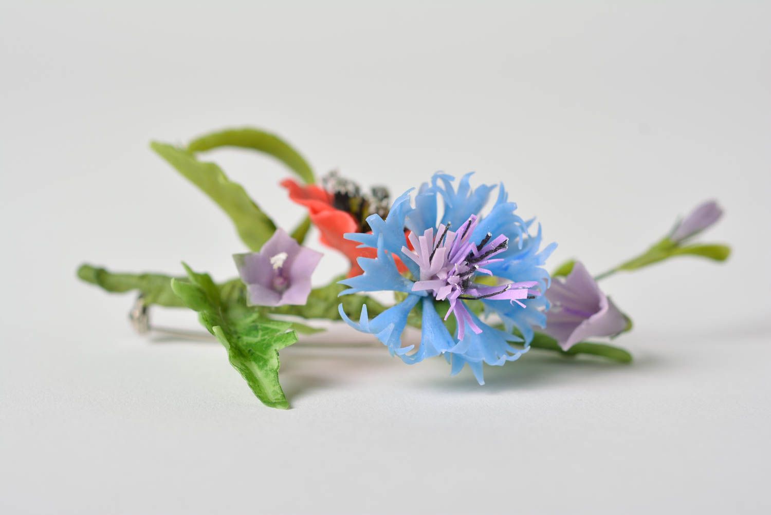 Брошь из полимерной глины ручной работы красивая женская Букет цветов луговых фото 4