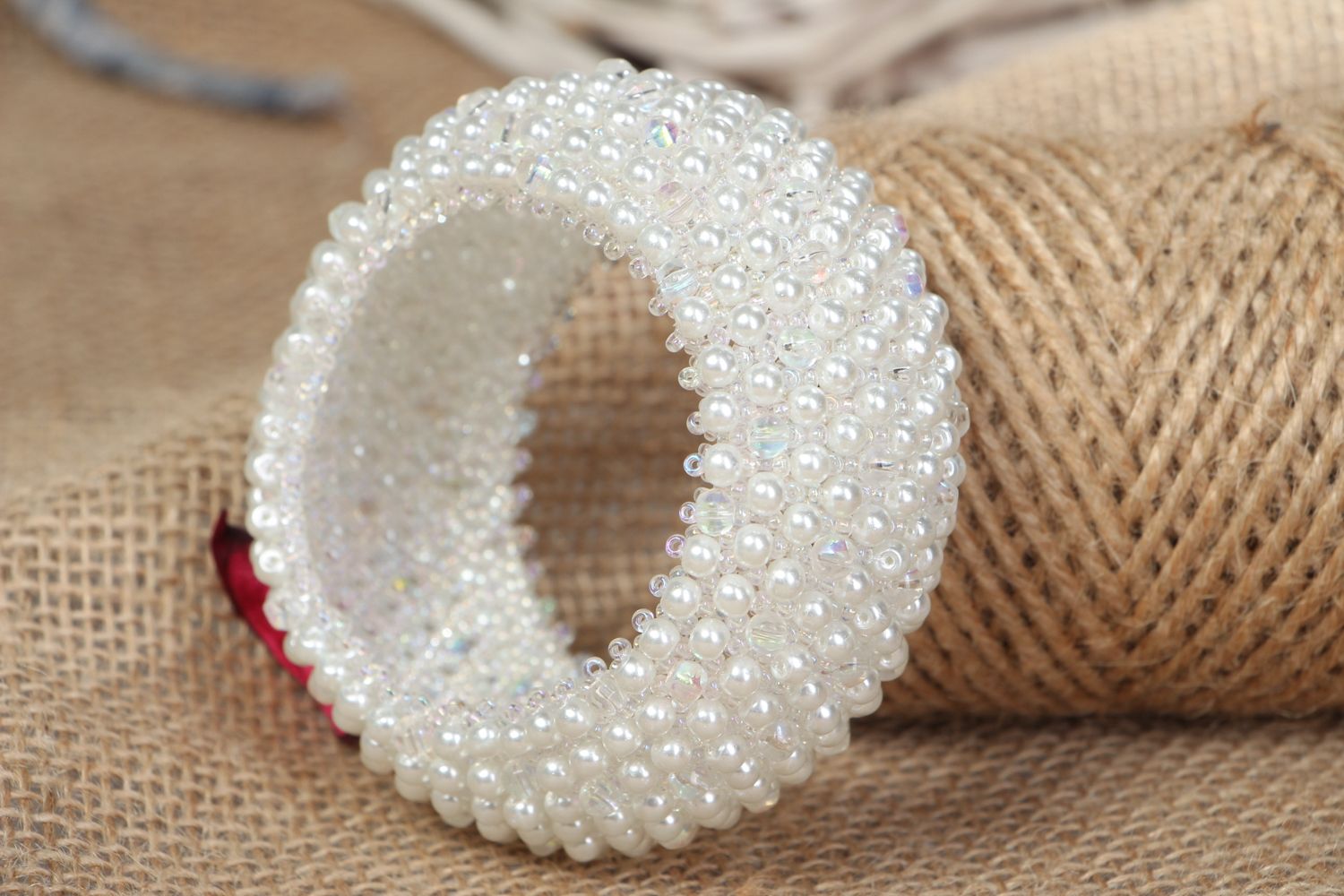Handmade white beaded stretch bracelet with white artificial pearls for teen girls photo 4