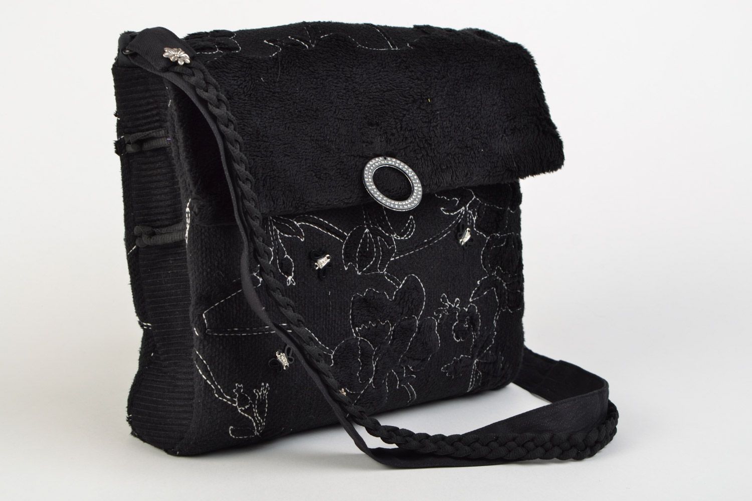 Handmade black square bag on a long handle made of fabric for stylish women photo 2