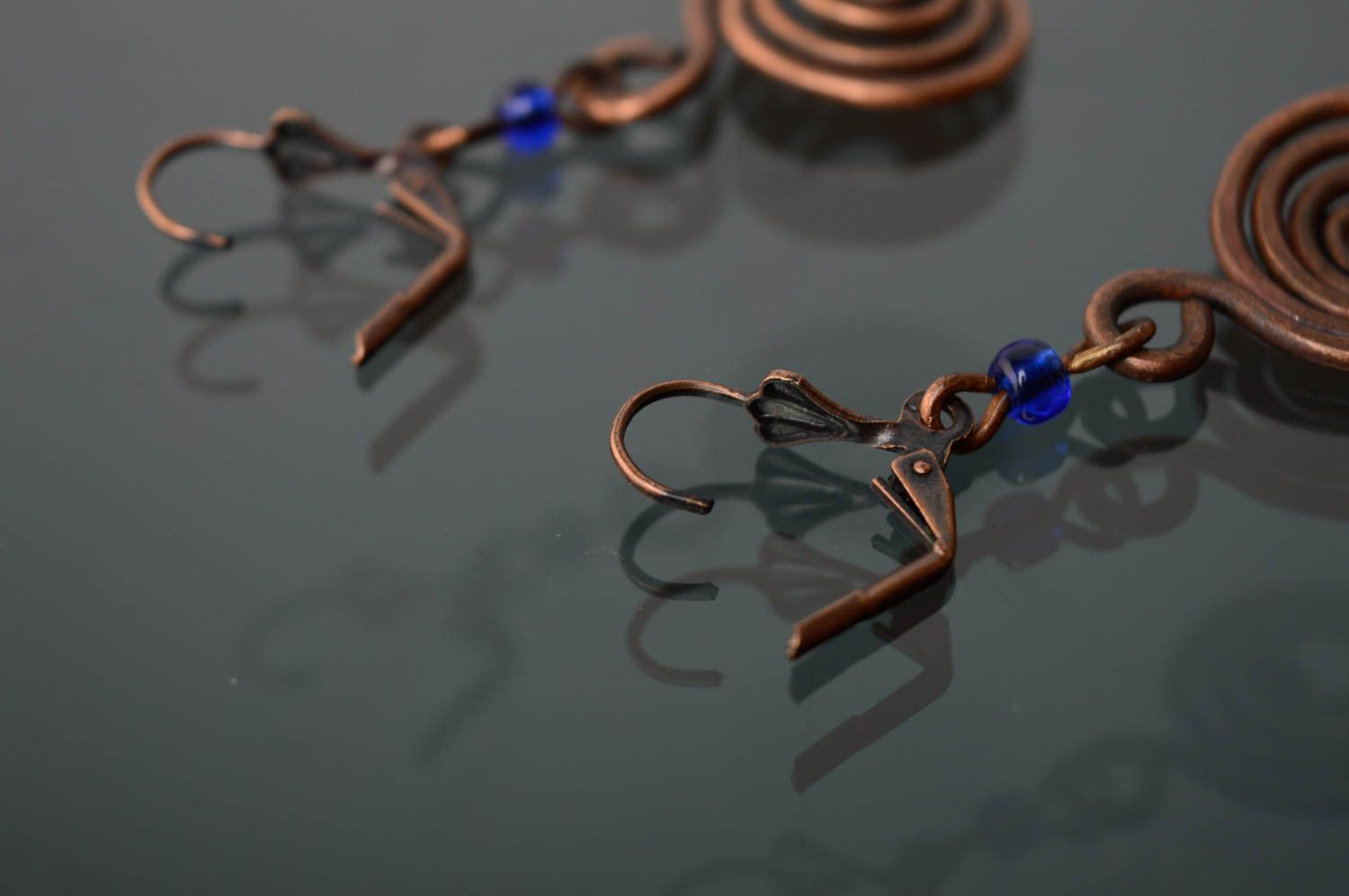 Copper wire wrap earrings in the shape of curls photo 4