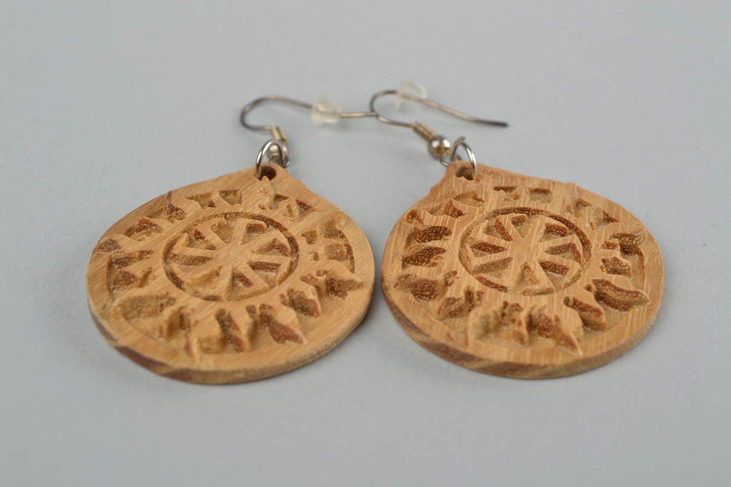 Handmade earrings amulet with Cross of Lada Virgin symbol made of acacia wood photo 4