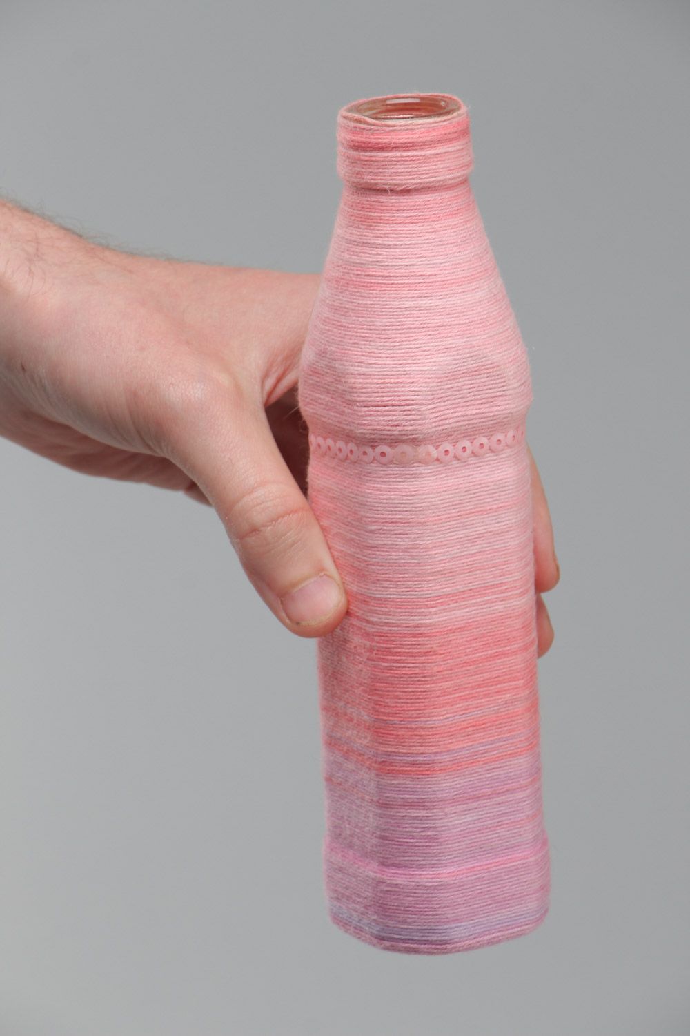 Bouteille déco rose recouverte de fils en coton faite main originale 25 cl photo 5