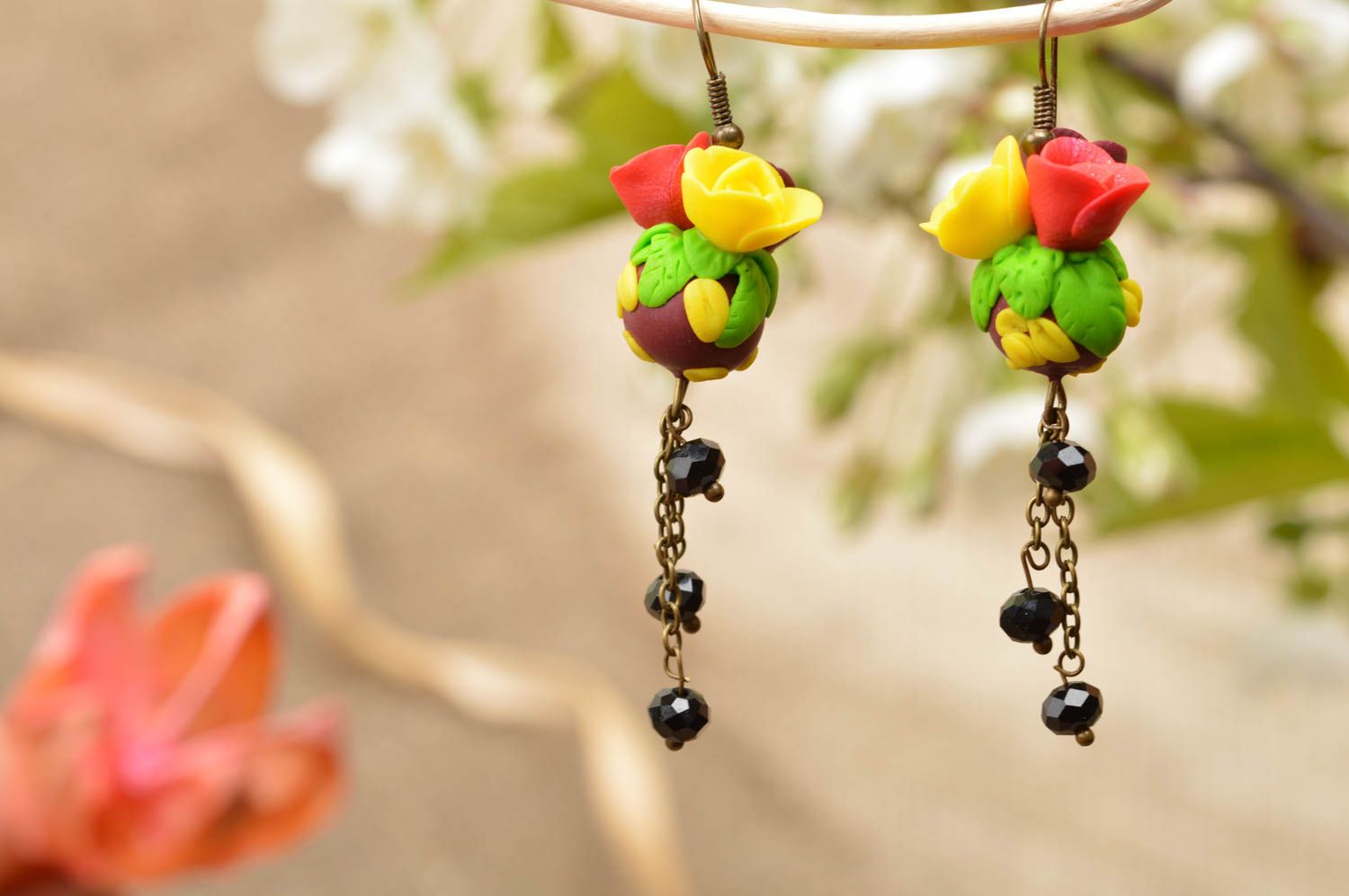 Handmade designer summer colorful floral polymer clay dangle earrings  photo 1