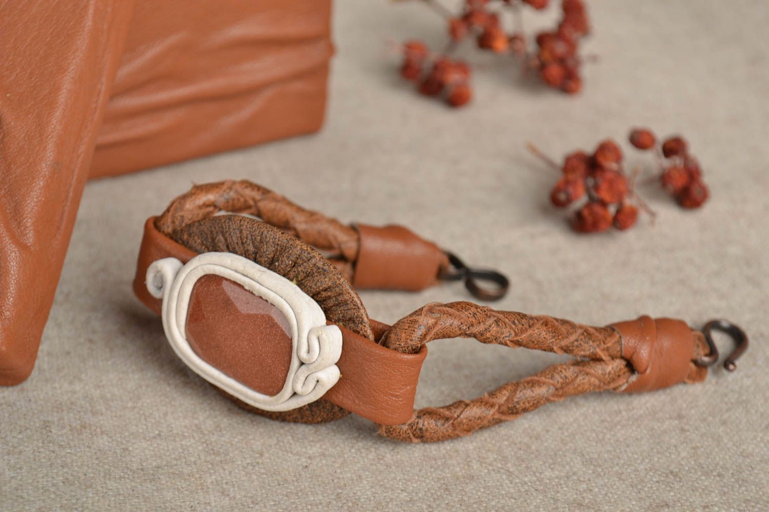 Handmade leather bijouterie designer textile bracelet with goldstone accessories photo 1