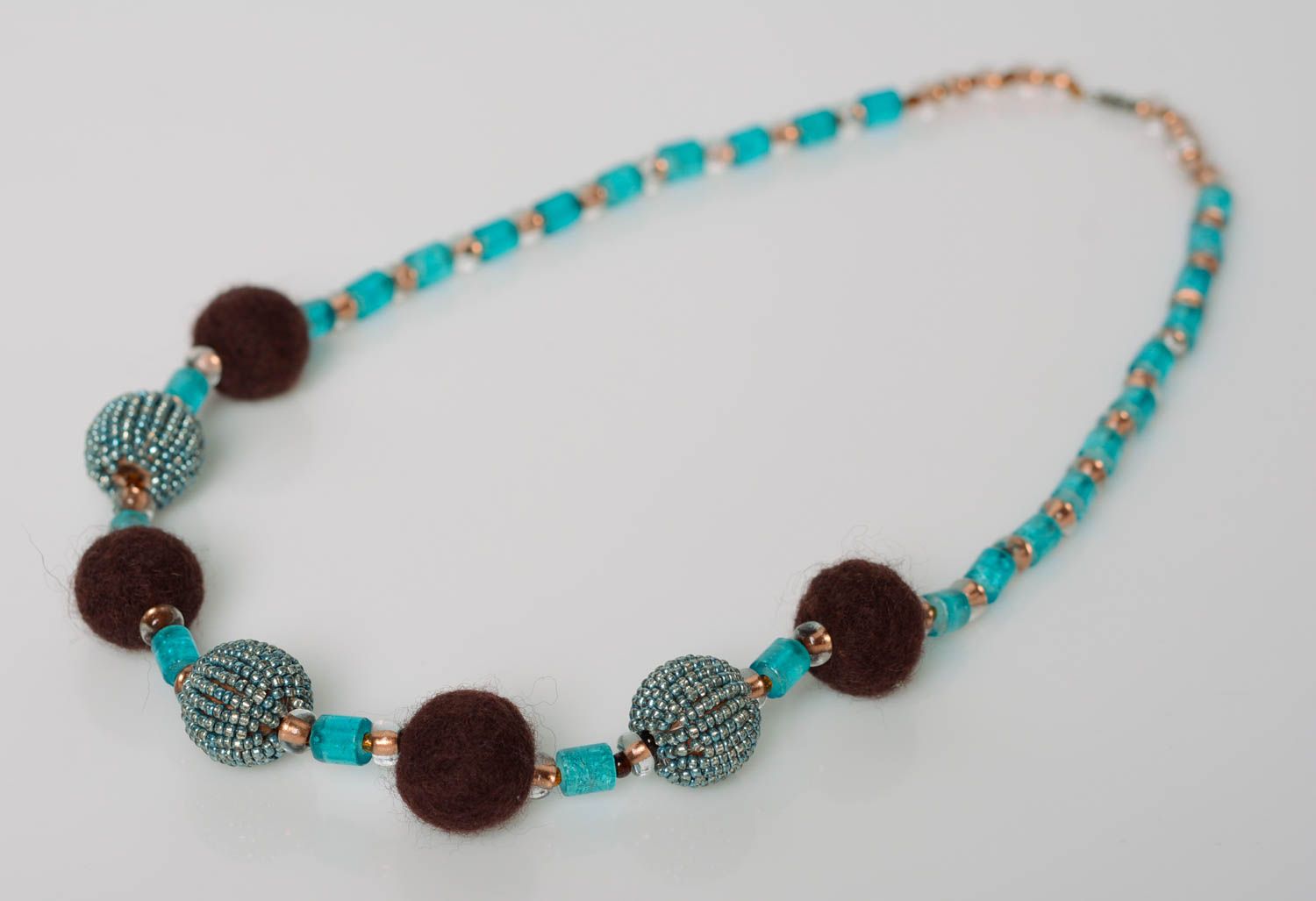 Handmade designer necklace with brown and blue balls felted of wool and seed beads photo 1