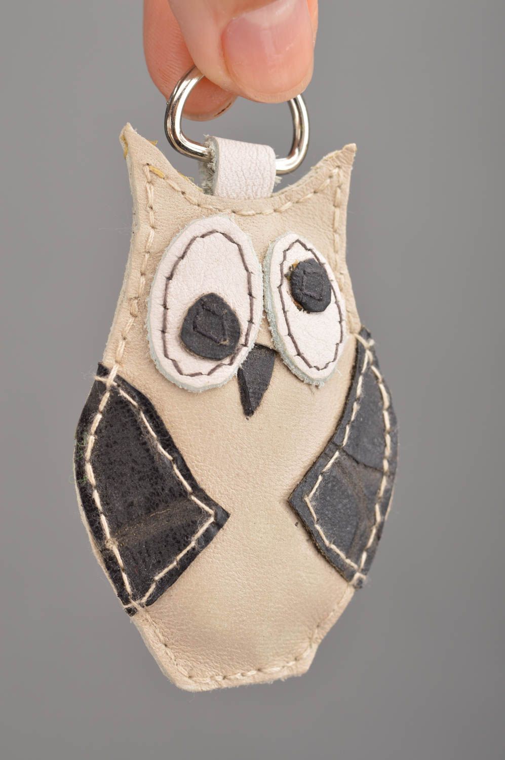 Handmade designer leather key chain soft toy cute gray owl key fob for children photo 1