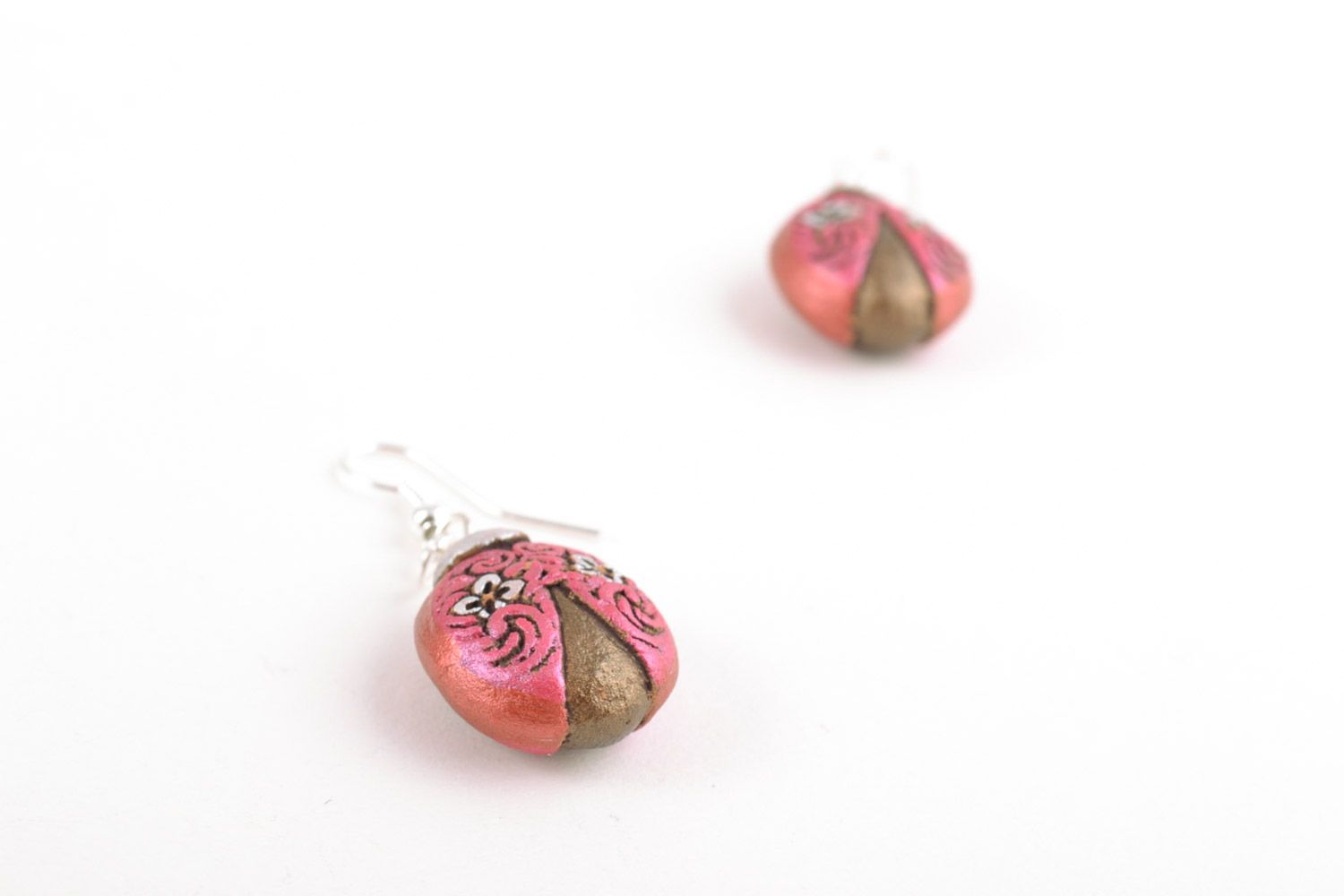 Tender small ceramic dangling earrings painted with acrylics handmade for women photo 3