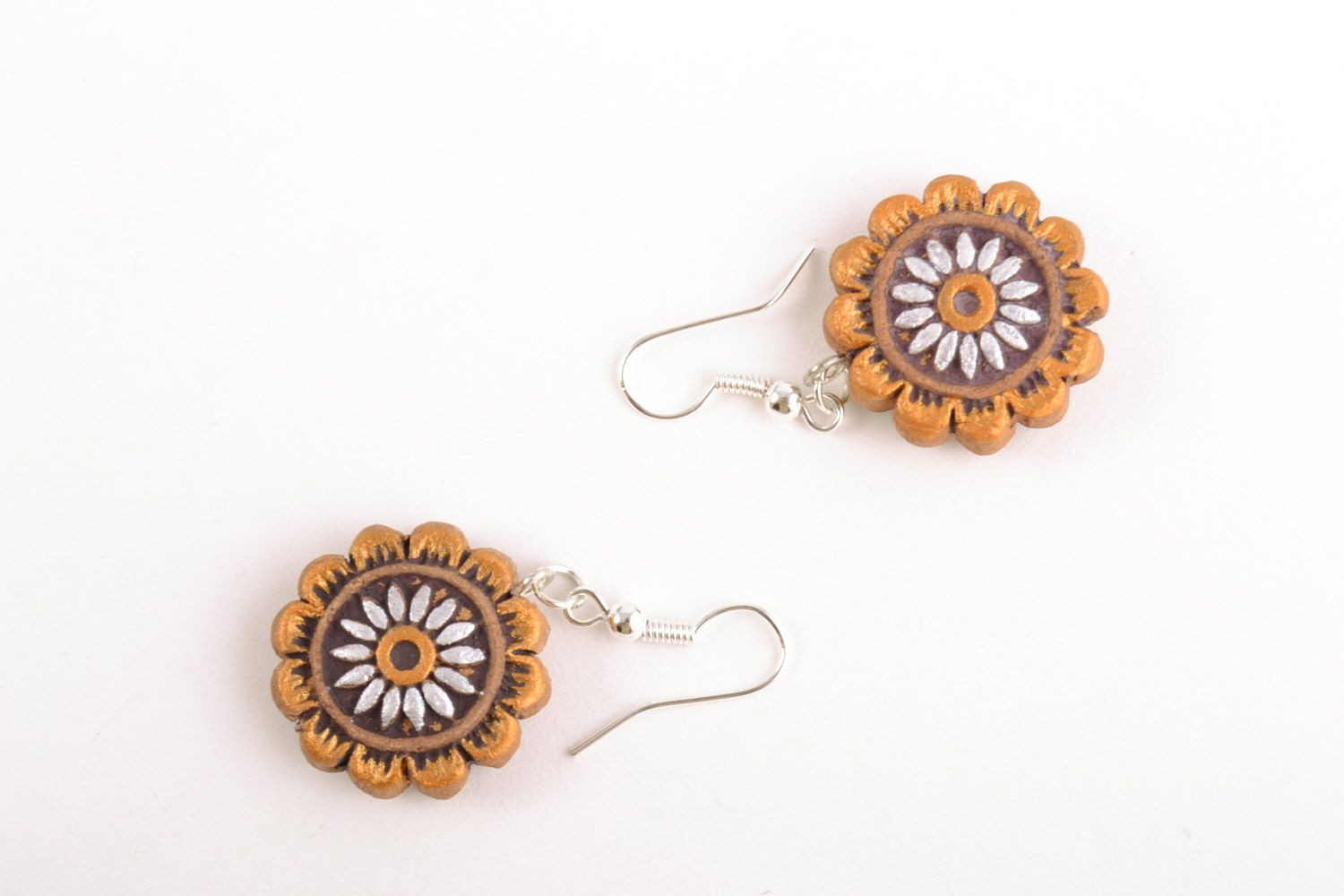 Handmade small tender painted ceramic round floral dangling earrings  photo 5