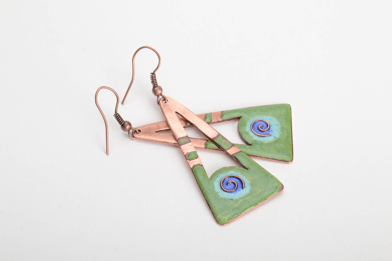 Handmade copper green earrings with hot enamel painting beautiful stylish gift photo 4