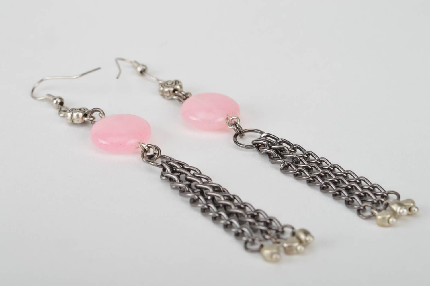 Beautiful homemade designer long metal earrings with pink beads photo 2