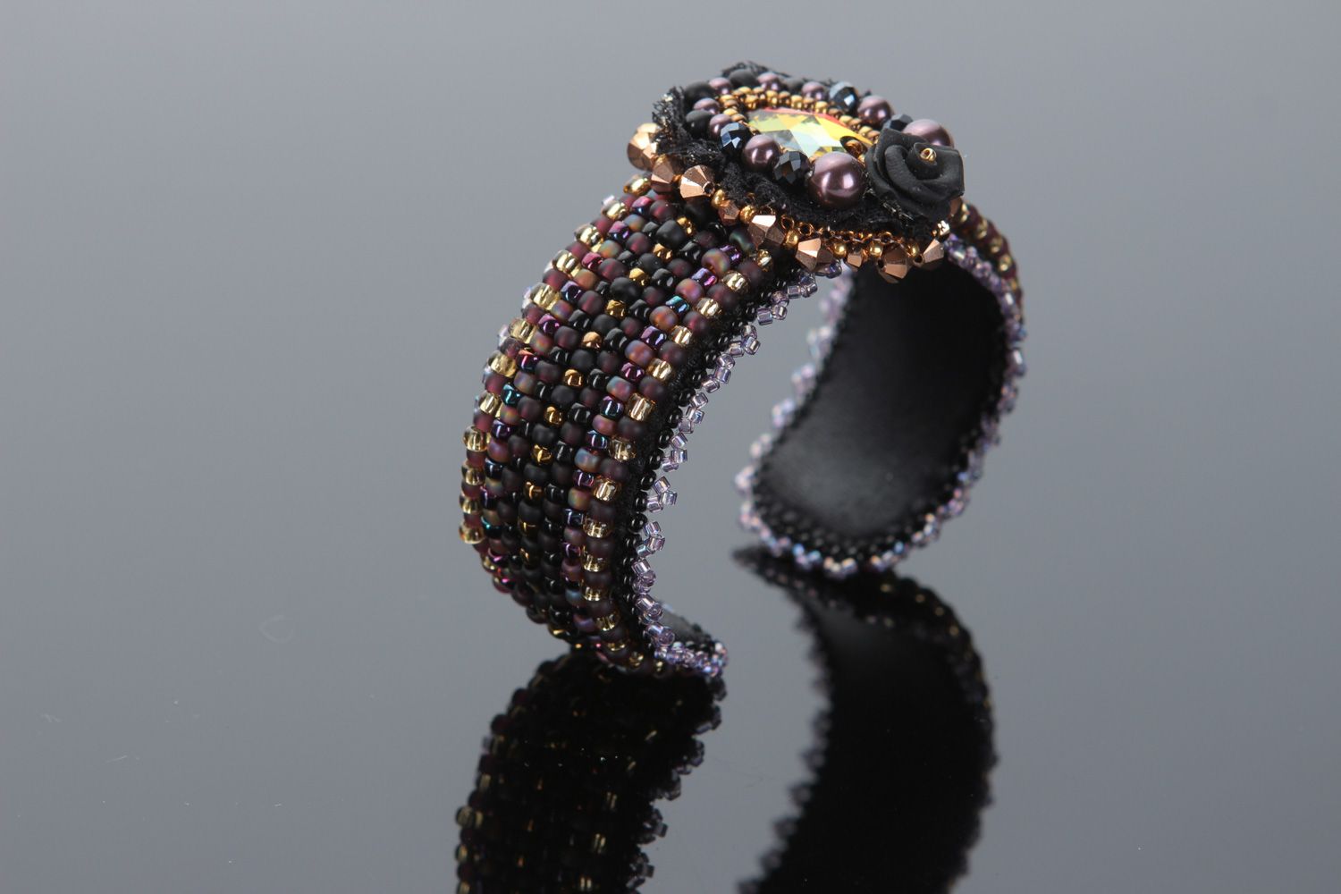 Elegant handmade wrist bracelet embroidered with beads and crystals for ladies photo 2