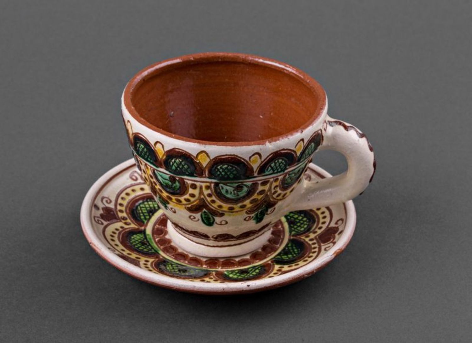 Decorative ceramic coffee cup with a saucer and handle photo 6