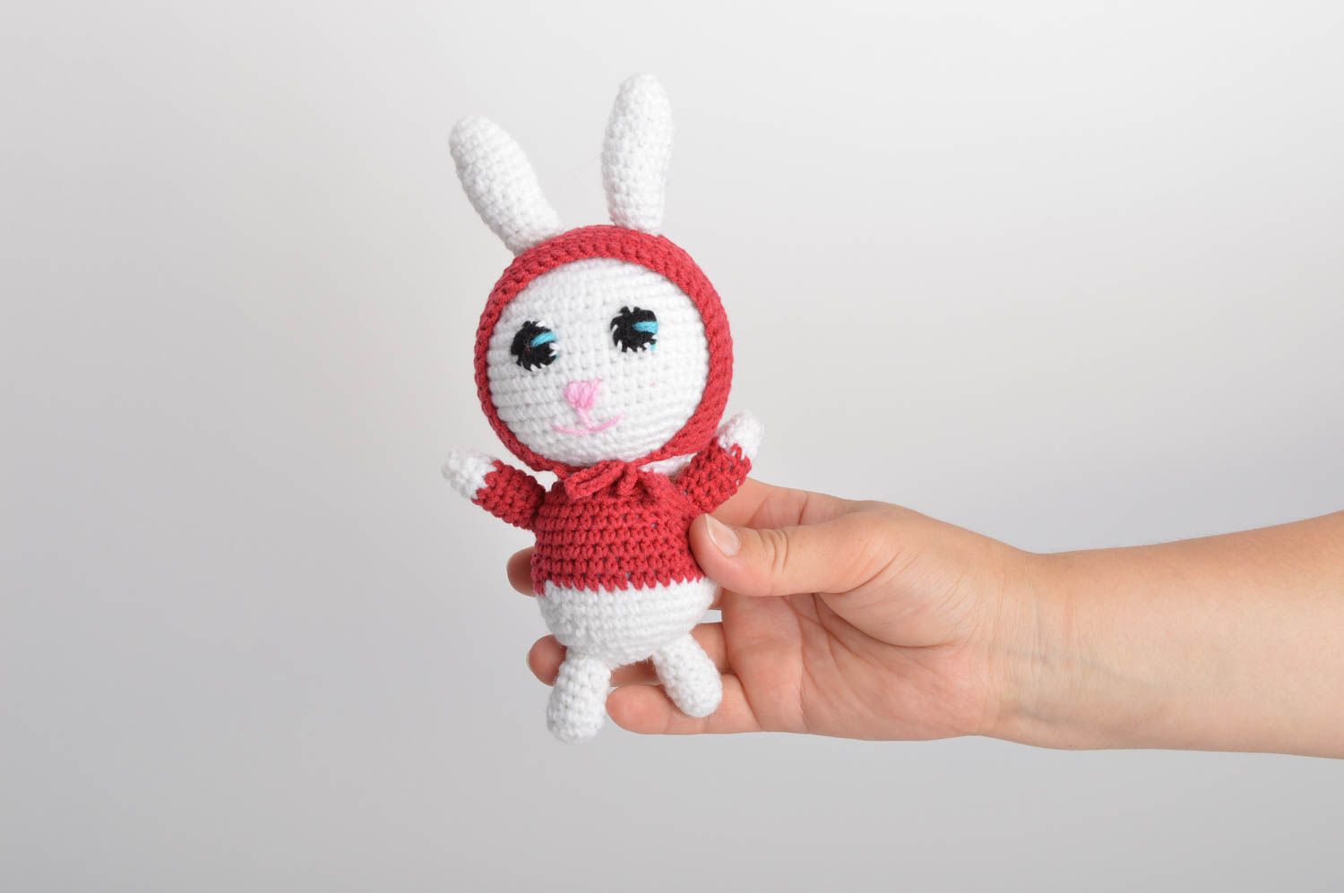 Handmade small soft toy crocheted of white and red semi cotton threads Rabbit photo 5
