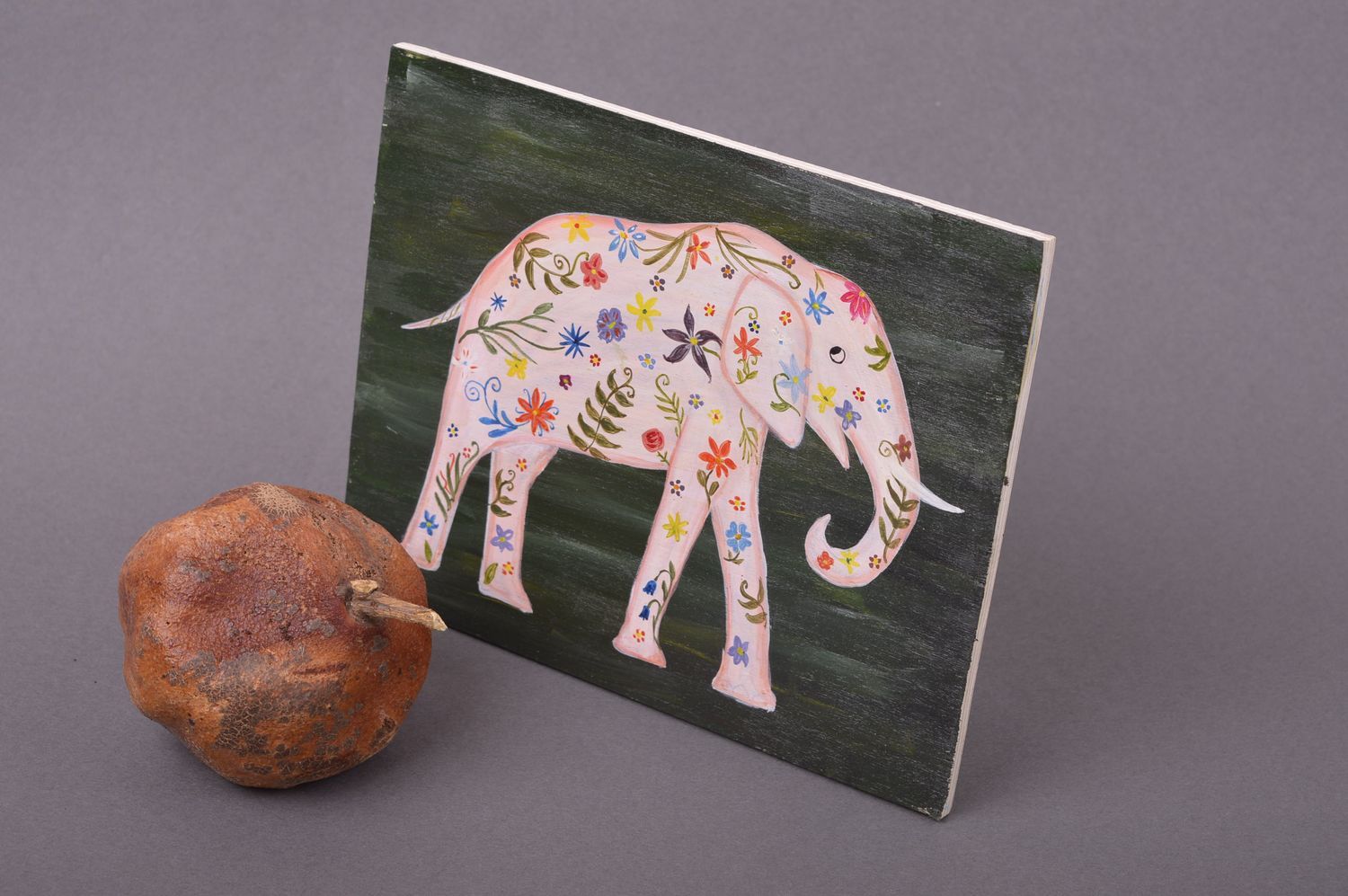 Handmade niedliches Wandbild Holz Wohn Accessoire Wand Poster blumiger Elefant foto 1